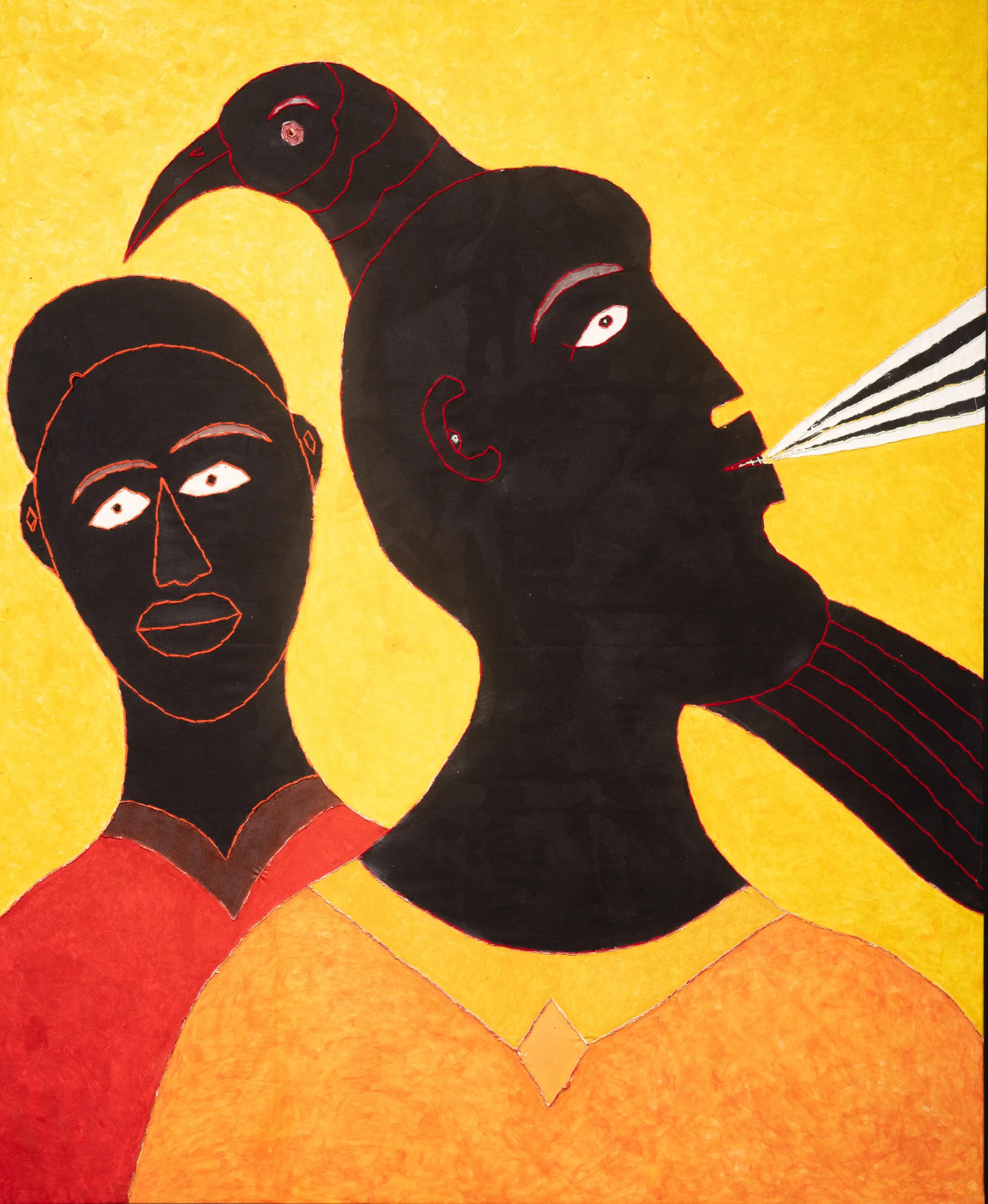 Alioune Diouf, Parler en parabole, 2025, acrylique et couture sur toile, 161 x 196 cm