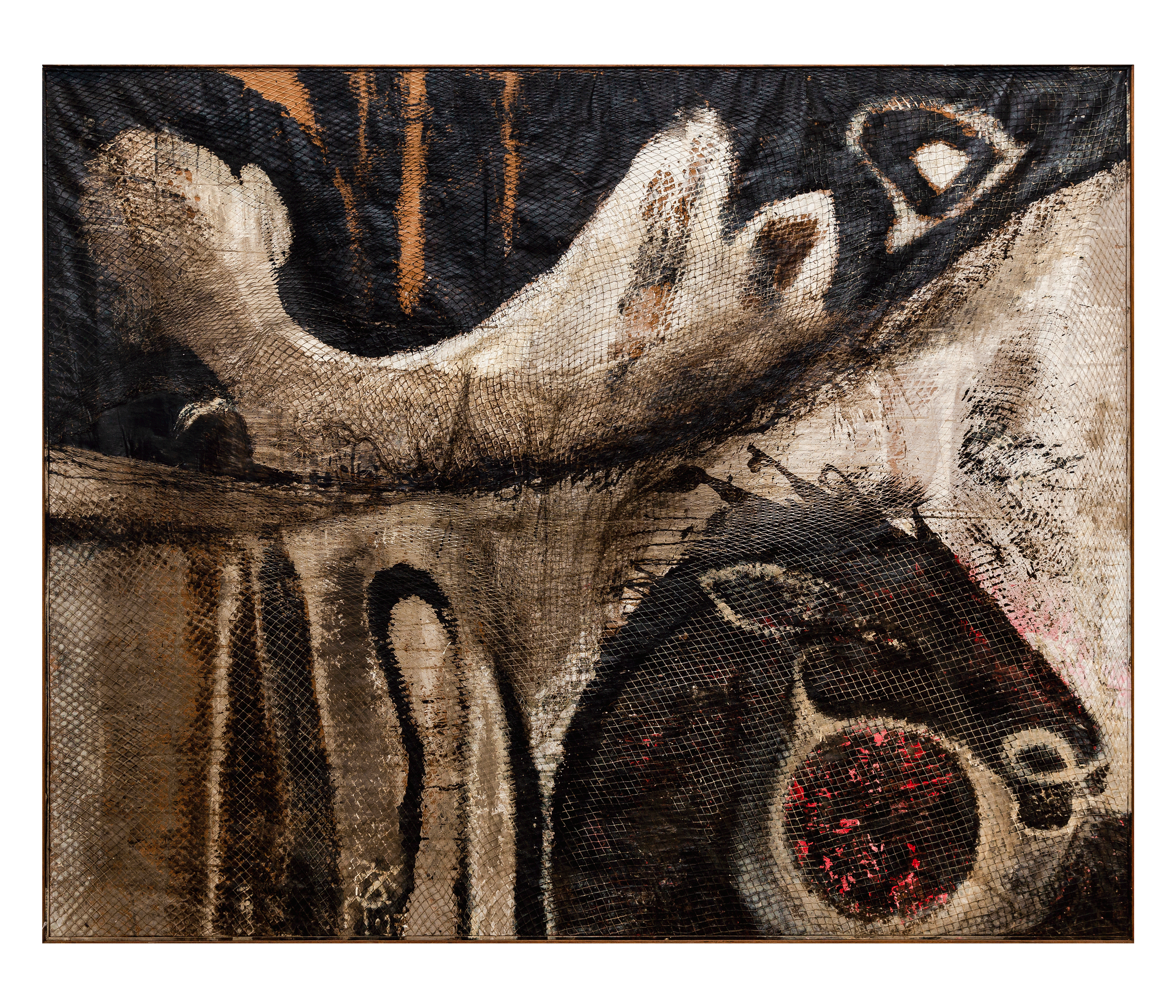 Pêcheur sur hamac, 2017
filet, acrylique et goudron et papier de boucherie sur toile
198 x 163 CM