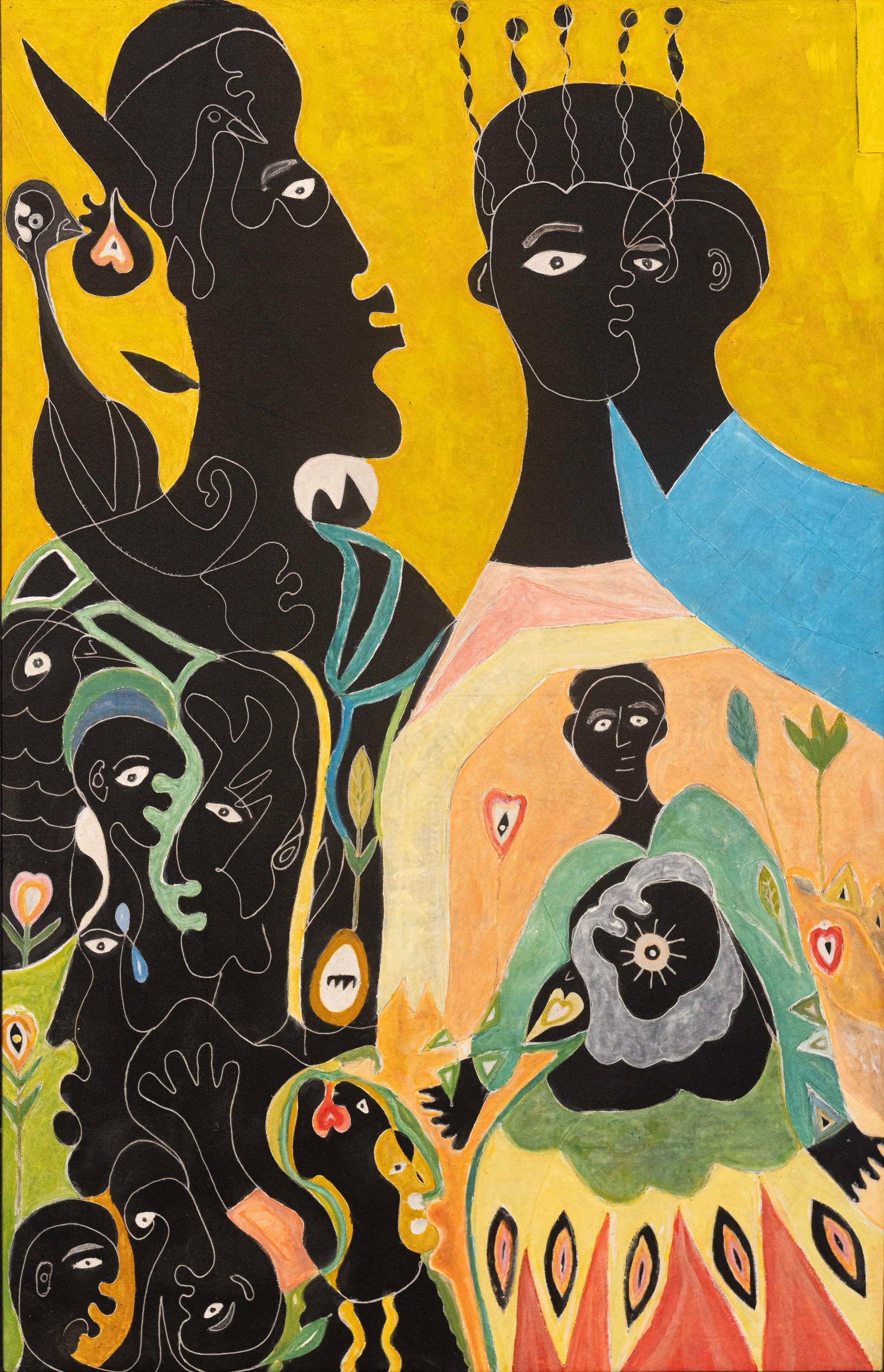 Alioune Diouf, Les médiums, 2025, acrylique et couture sur toile, 152,5 x 98 cm