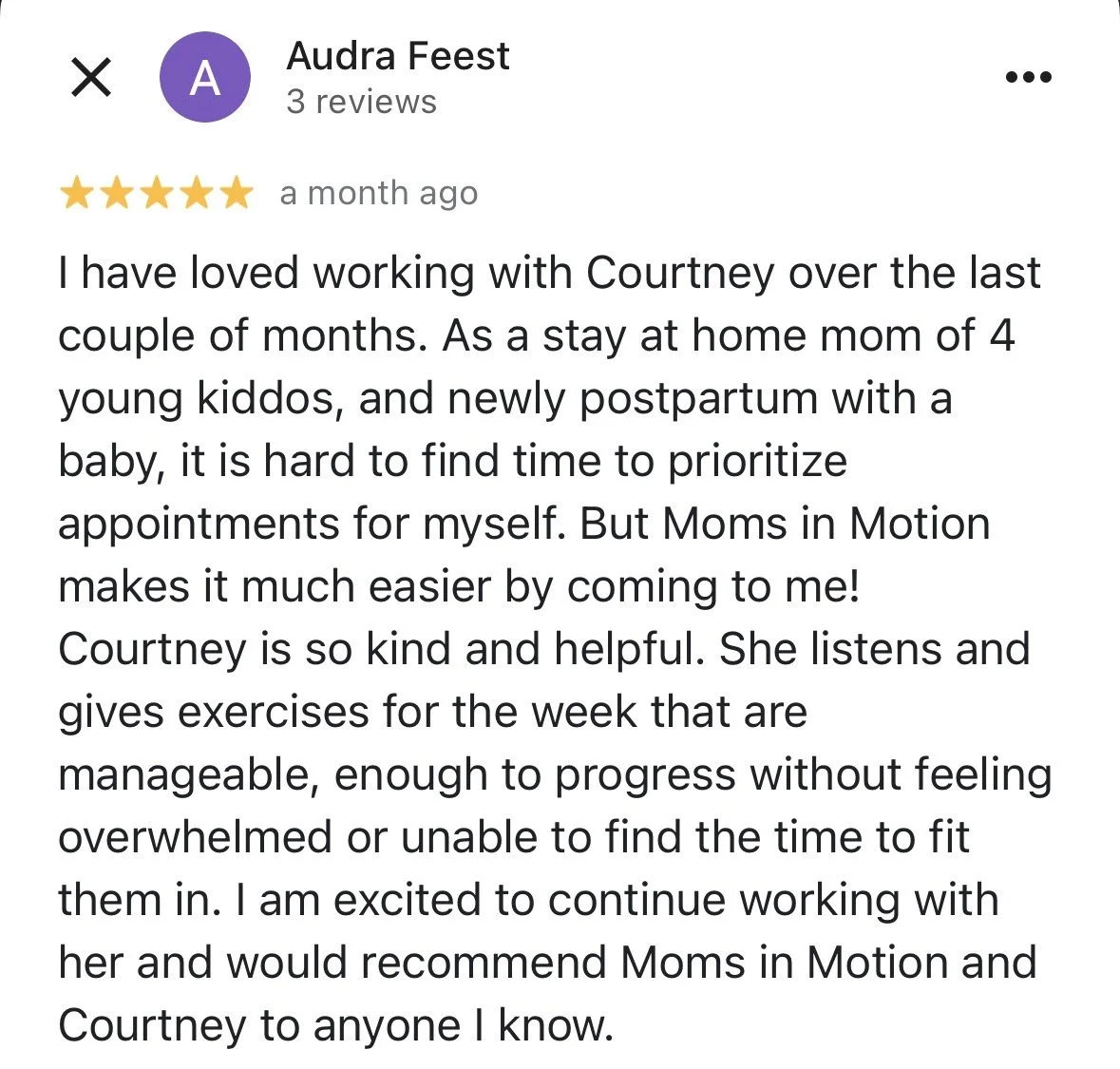 Screenshot of a positive online review for Audra Feest about Moms in Motion, praising Courtney's helpfulness and the exercise program for busy moms.