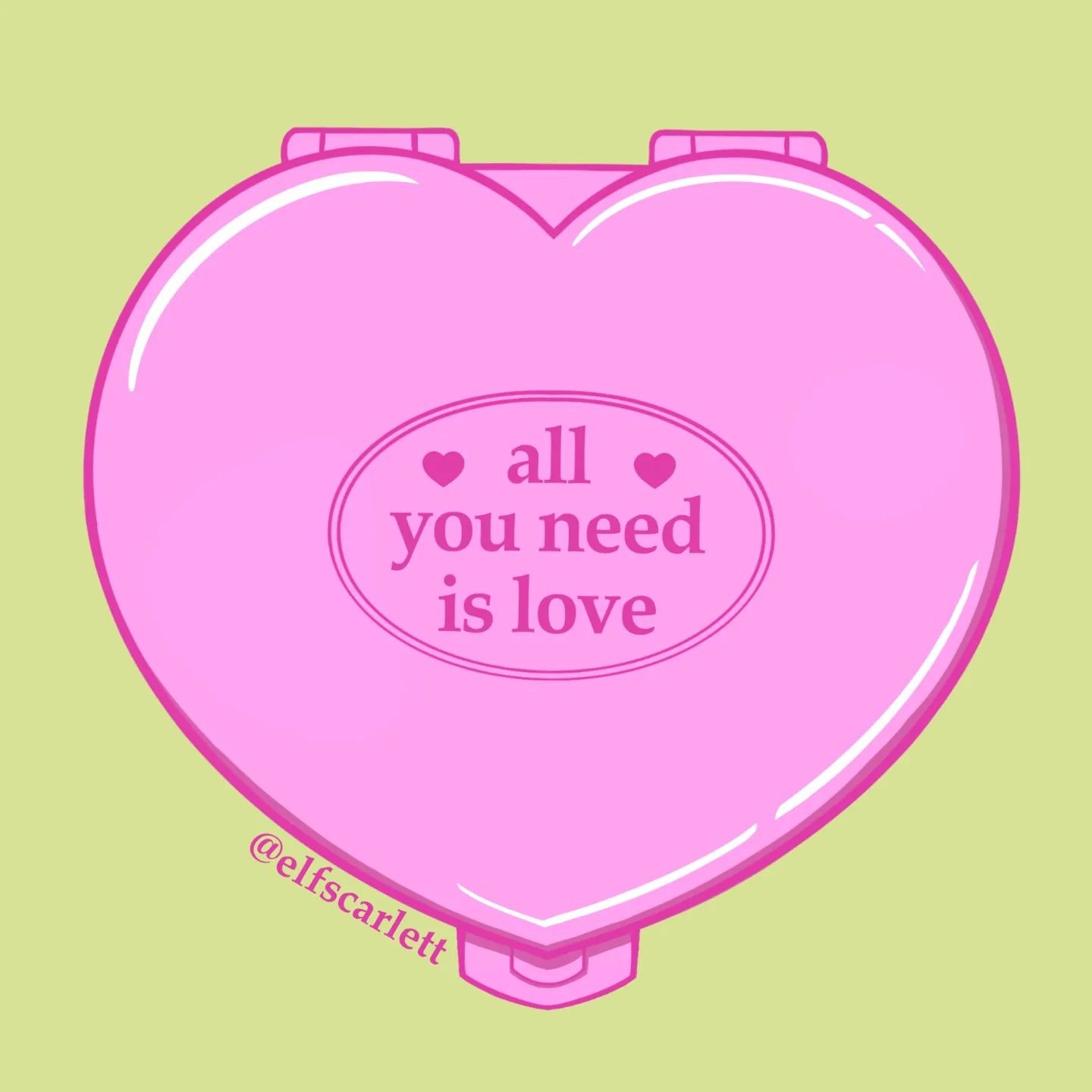 Love is all you need 💗

Digital illustration by @elfscarlett made on @procreate. 
Hand-drawn valentines day illustration in pastel tones (pink and green) featuring text with lyrics by the Beatles. Inspired by 1990s Polly Pocket compacts and Valentin