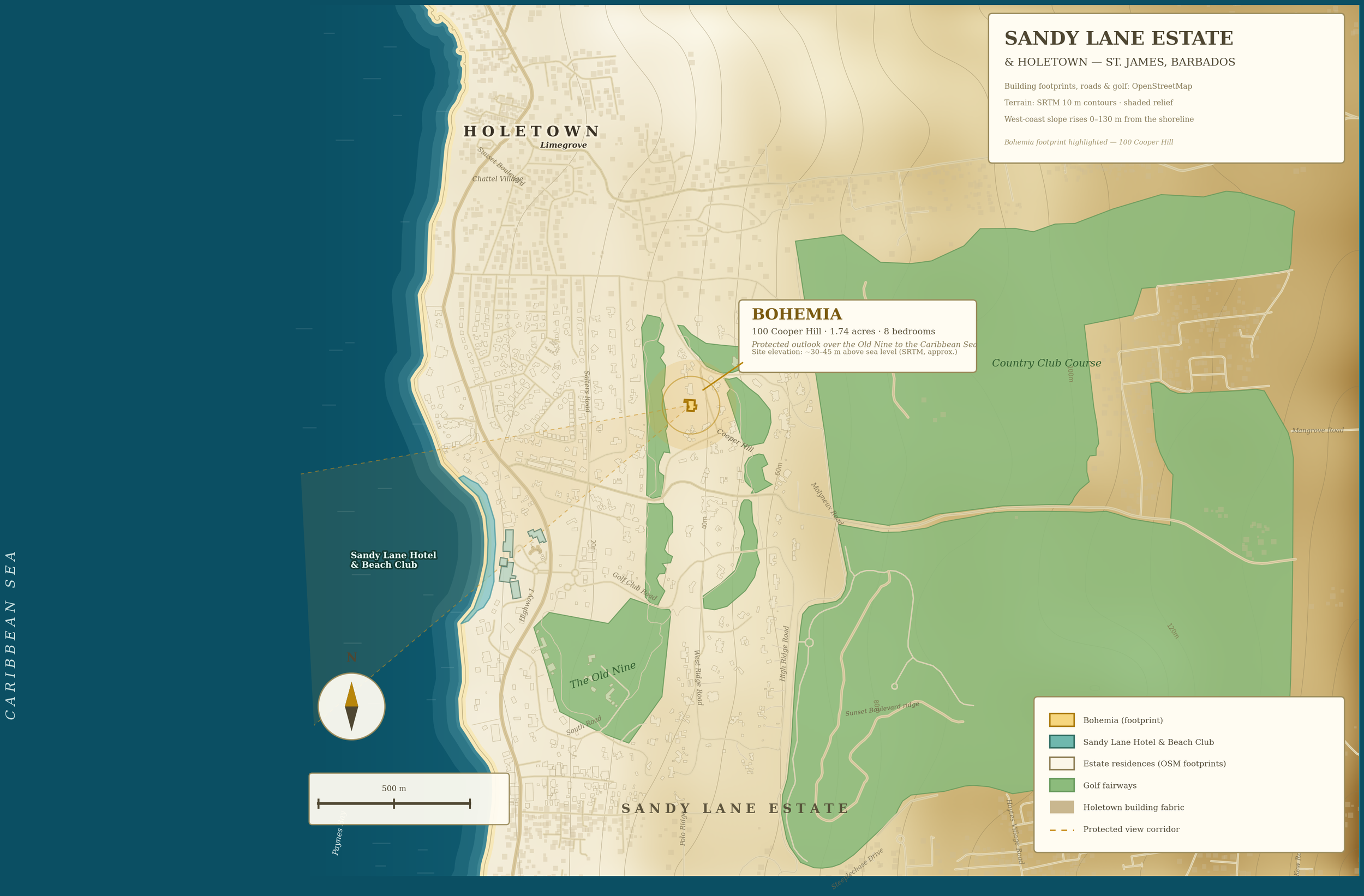 Site map of Sandy Lane Estate showing Bohemia's position on Cooper Hill and its protected ocean view corridor to the Caribbean Sea