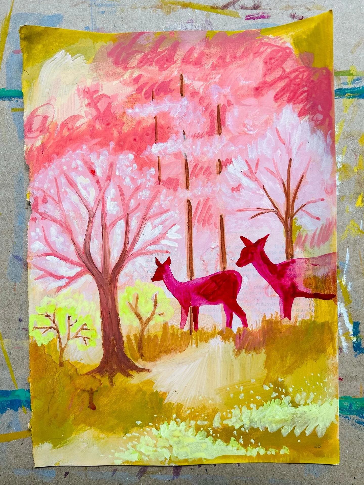 Premiers frissons, d&eacute;gustation de marrons 
&amp; bien d&rsquo;autres beaut&eacute;s dor&eacute;es&hellip;
L&rsquo;automne est bien l&agrave; pour nous r&eacute;galer !

🎨 L&rsquo;heure rose - Peinture sur papier - 🍁🦌💖

#artwork #painting #