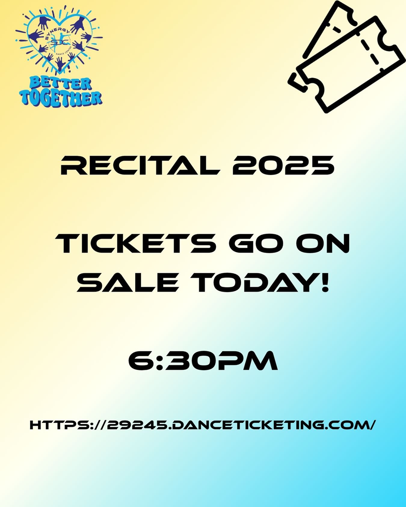🎟️ 2025 RECITAL TICKETS GO IN SALE TODAY AT 6:30pm!

All details can be found in your email! Happy Shopping! 😃