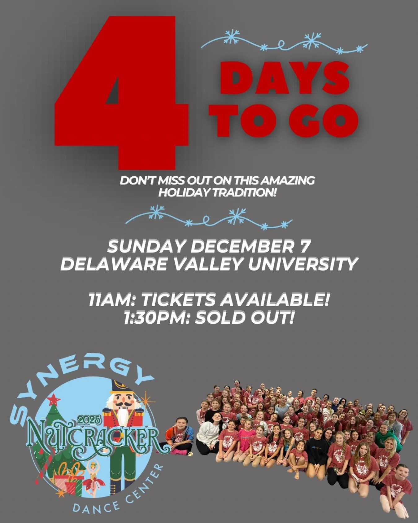 🎄 Only 4 more days until the magic begins! ✨
11AM tickets still available; 1:30pm show is SOLD OUT! &mdash; grab yours before they&rsquo;re gone! Link in bio to purchase now!
See you Sunday at Delaware Valley University! ❄️🩰

#sdcpafam #synergydanc