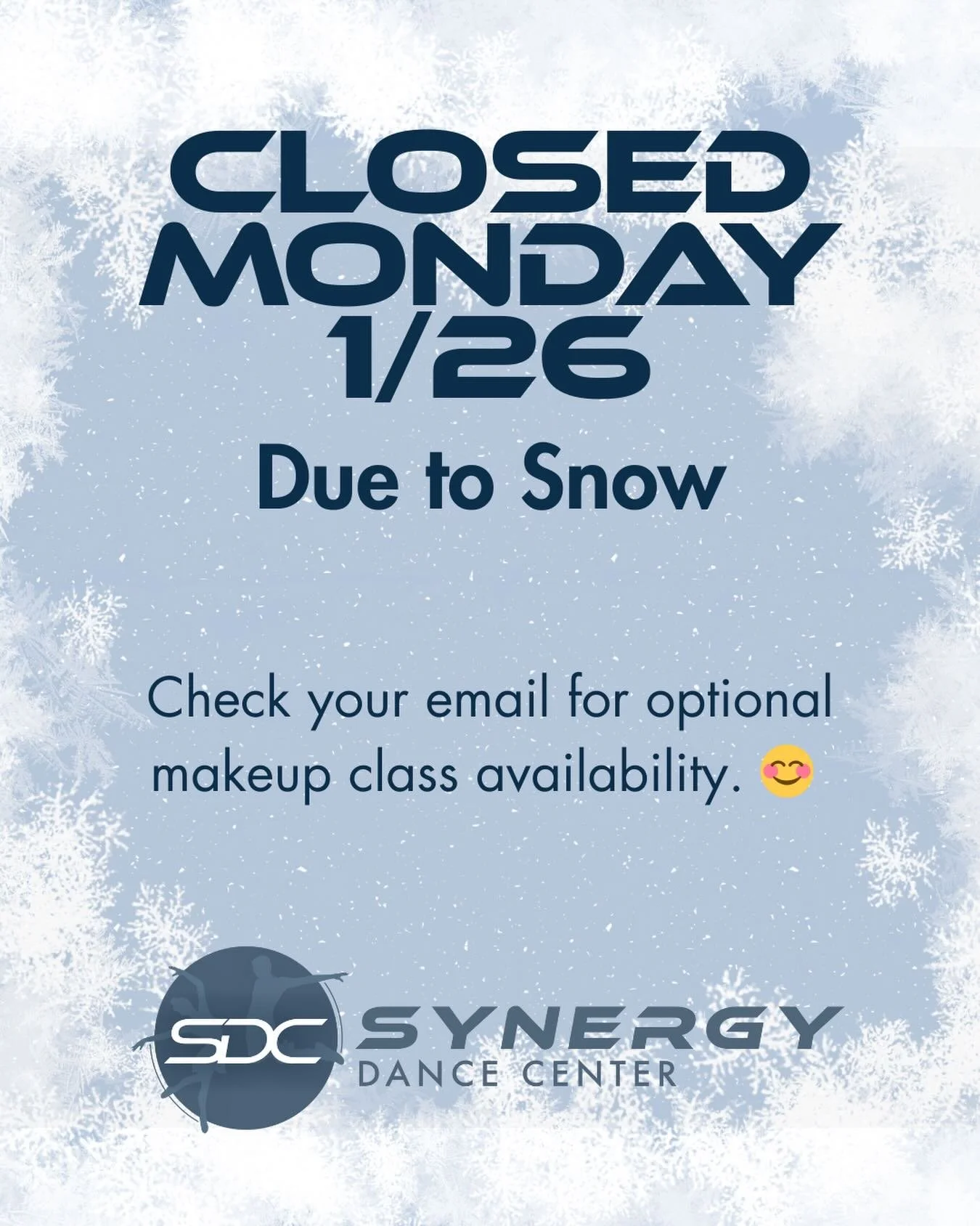 We are CLOSED on Monday 1/26 due to the snow! ⛄️ ❄️ Check@your email for additional info! 😊 

#sdcpafam #synergydance #synergydancepa