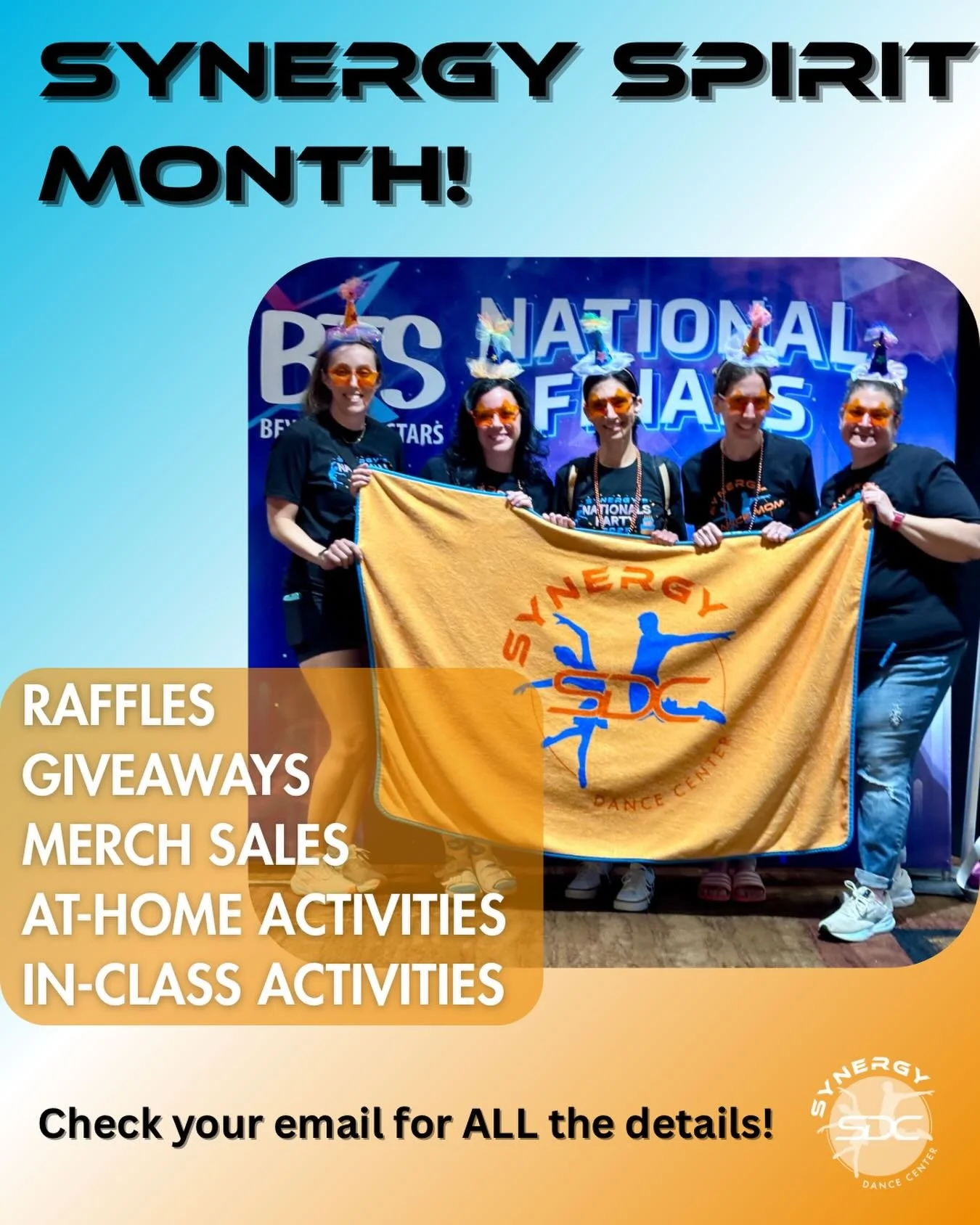 Spirit Month has arrived 🩵🧡
Raffles &bull; Giveaways &bull; Merch &bull; Fun in class &amp; at home 🎉
Check your email for all the details and let&rsquo;s celebrate our Synergy family all month long!

#sdcpafam #synergydance #synergydancepa