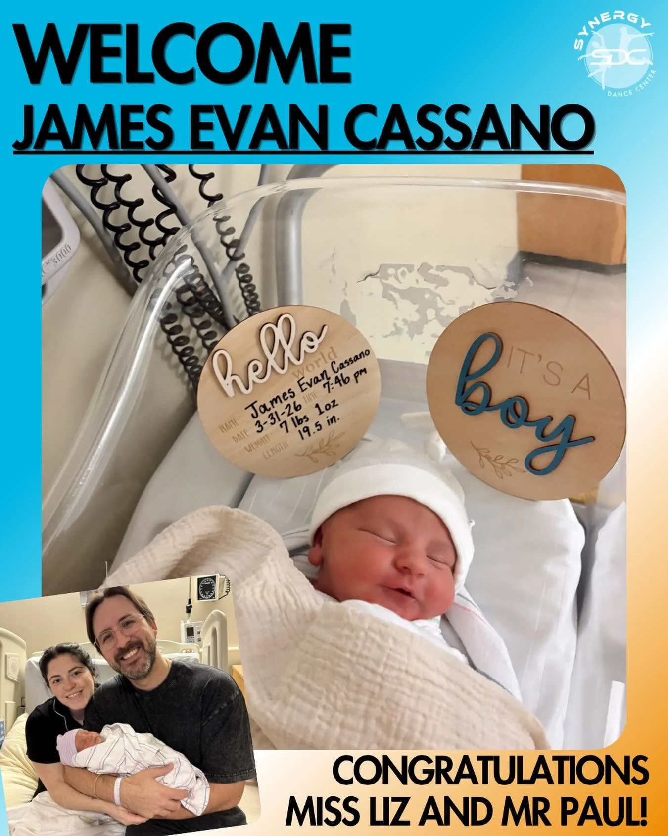 Welcome to the Synergy Family, little man 💙 We are SO excited to officially introduce our newest (and tiniest) member&hellip;
James Evan Cassano

Born 3/31 ✨

Miss Liz and Mr. Paul welcomed a beautiful baby boy, and we&rsquo;re so happy to share tha