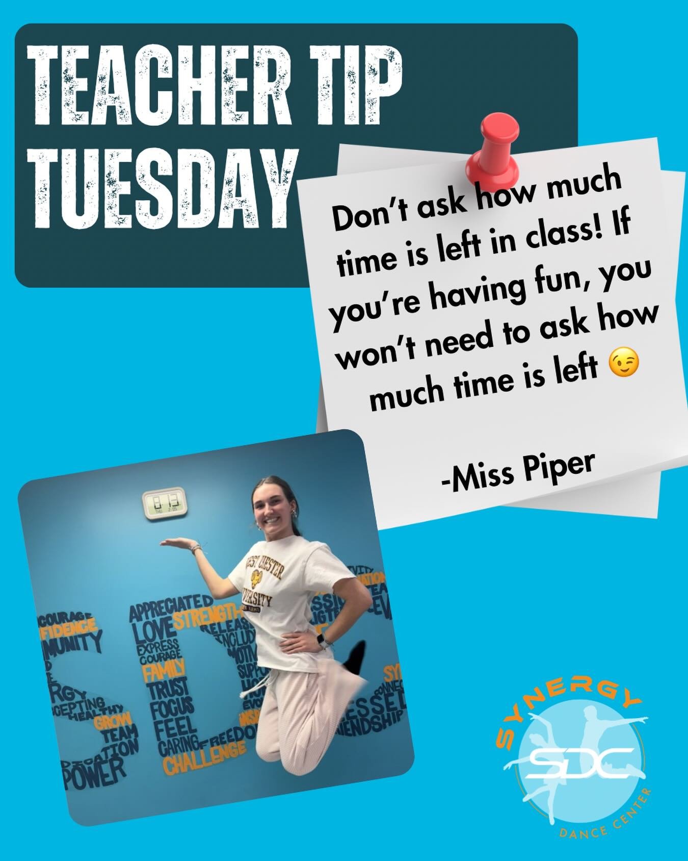A cute TEACHER TIP TUESDAY from Miss Piper! 😉 

#sdcpafam #synergydance #synergydancepa