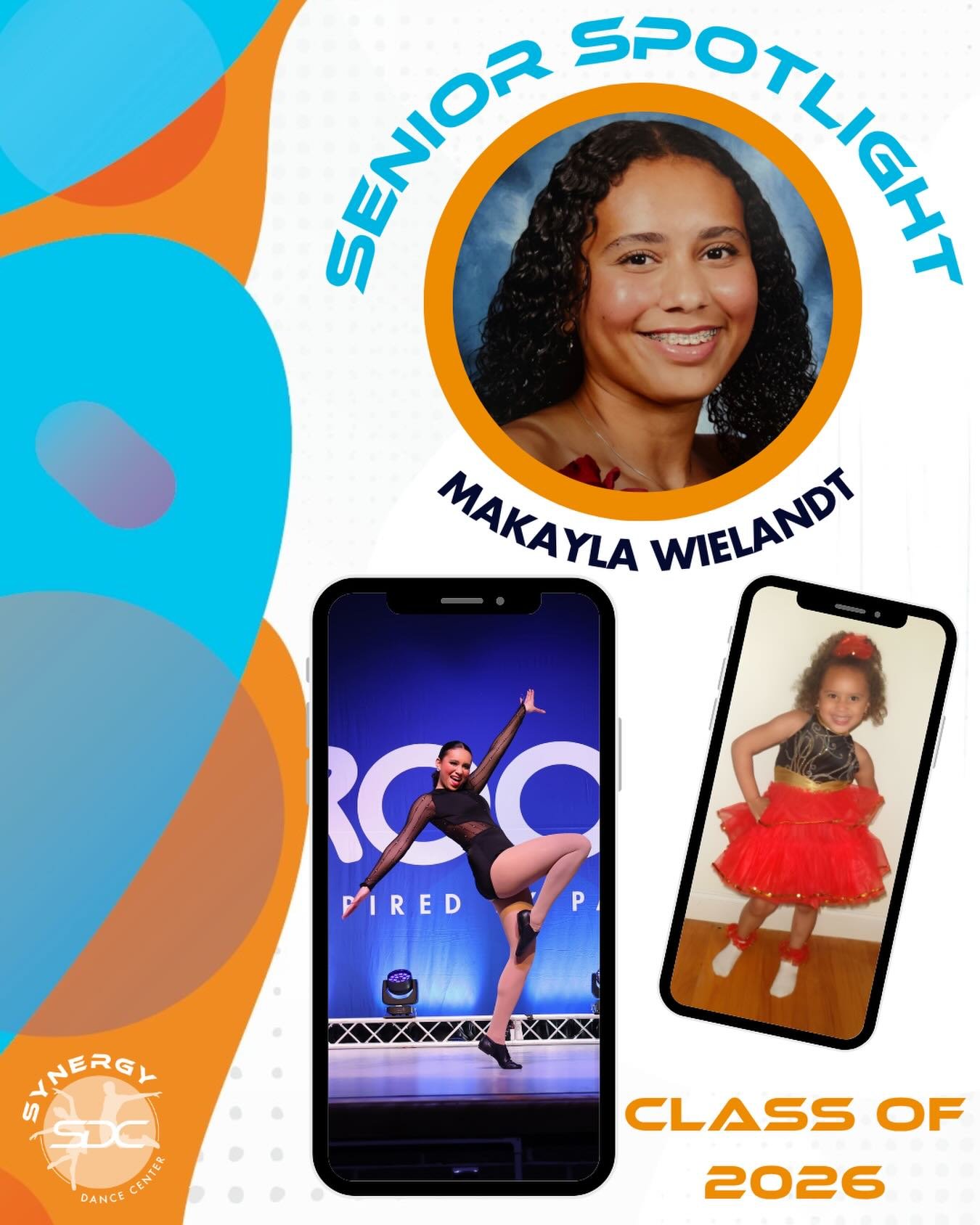 🎓 Senior Spotlight #2: Makayla!🎓 🧡💙

Over the past three years, Makayla has become an important part of the Synergy family. Her positive attitude, dedication, and love for dance have made a lasting impact on our studio, and we&rsquo;re so gratefu