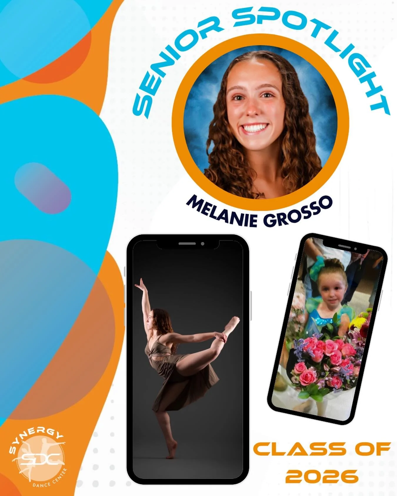 💙🧡🎓 Senior Spotlight #5 &ndash; MELANIE! 🎓🧡💙

Over the past 8 years, Melanie has been an important part of the Synergy family. Her dedication, perseverance, and love for dance have helped shape the dancer and young woman she is today. Through e