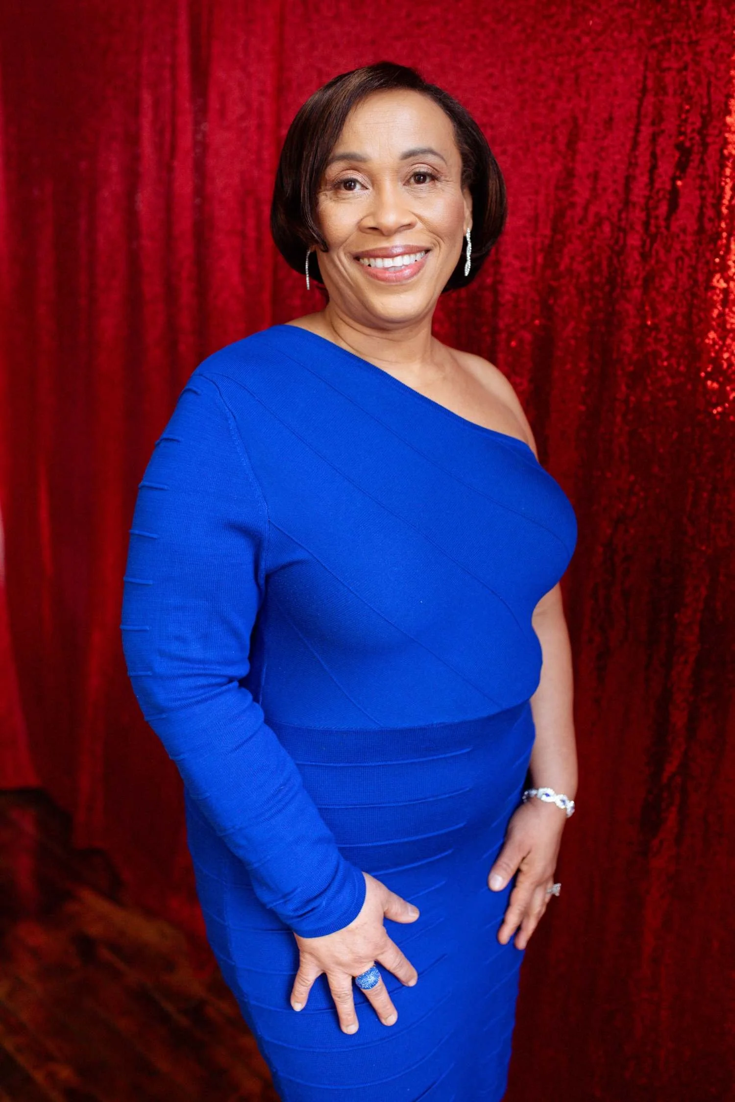 Ms M boudoir portrait in blue dress in Boston MA studio.