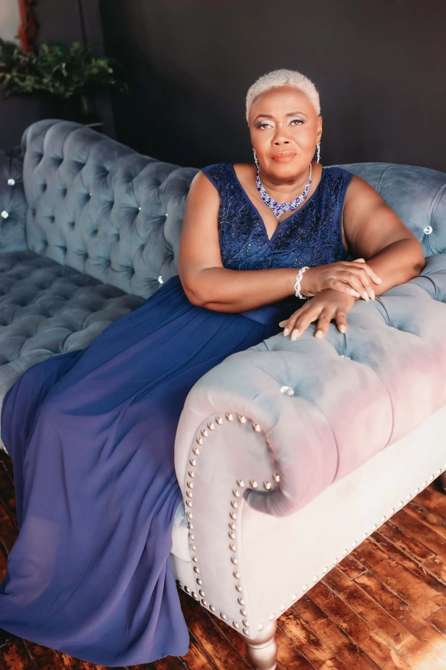 Ms V boudoir photography session in blue gown in Boston MA.