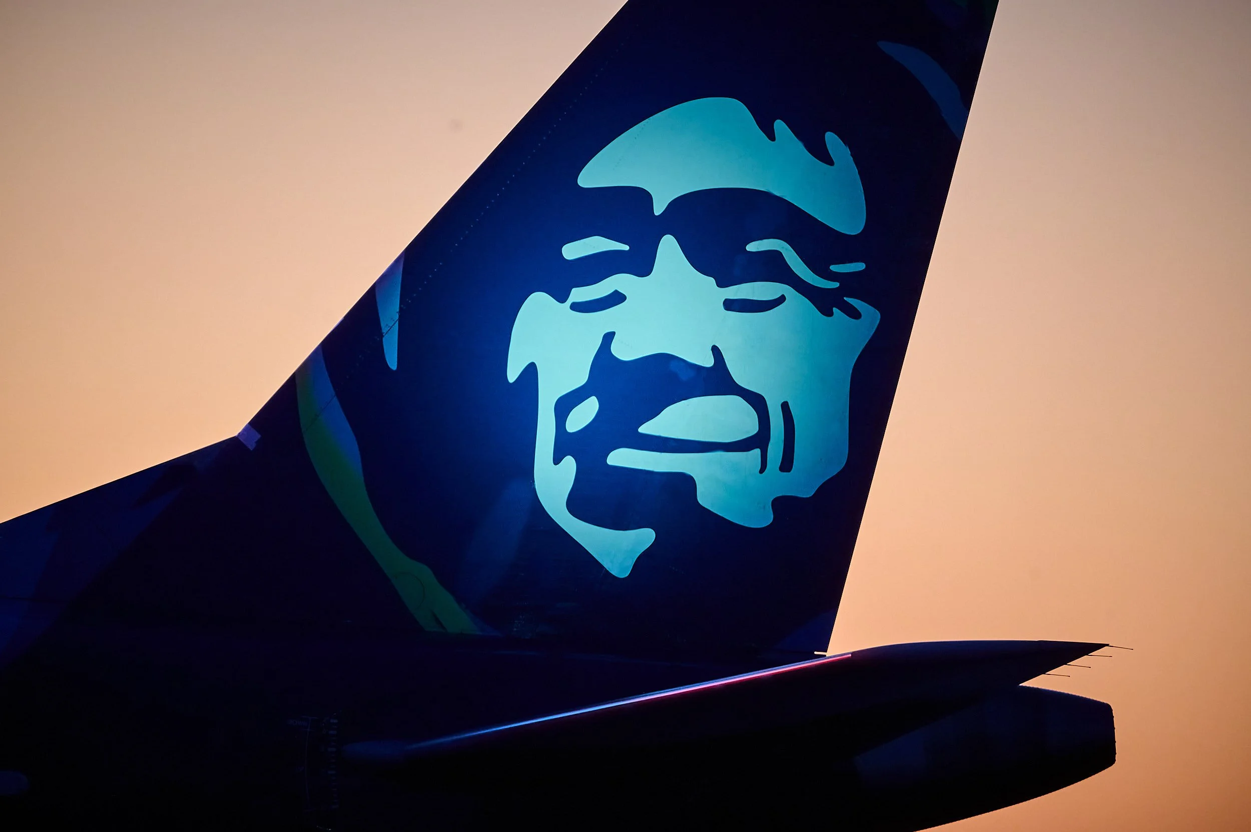 A flag with a graphic of a man's face in blue tones, flying against an orange sky at sunset.