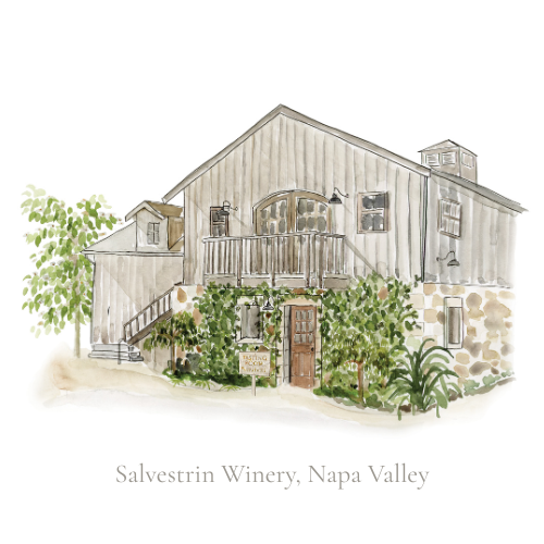 Napa Valley winery in stone with climbing hydrangea in watercolor