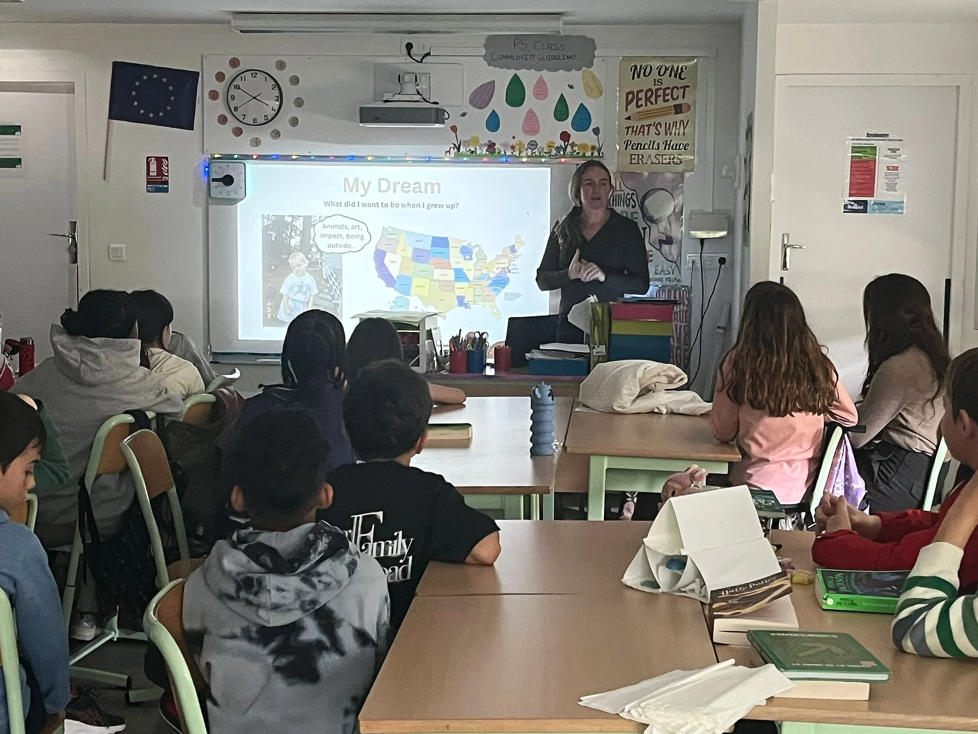 Speaking to a kids school classroom about wildlife documentary camerawoman career