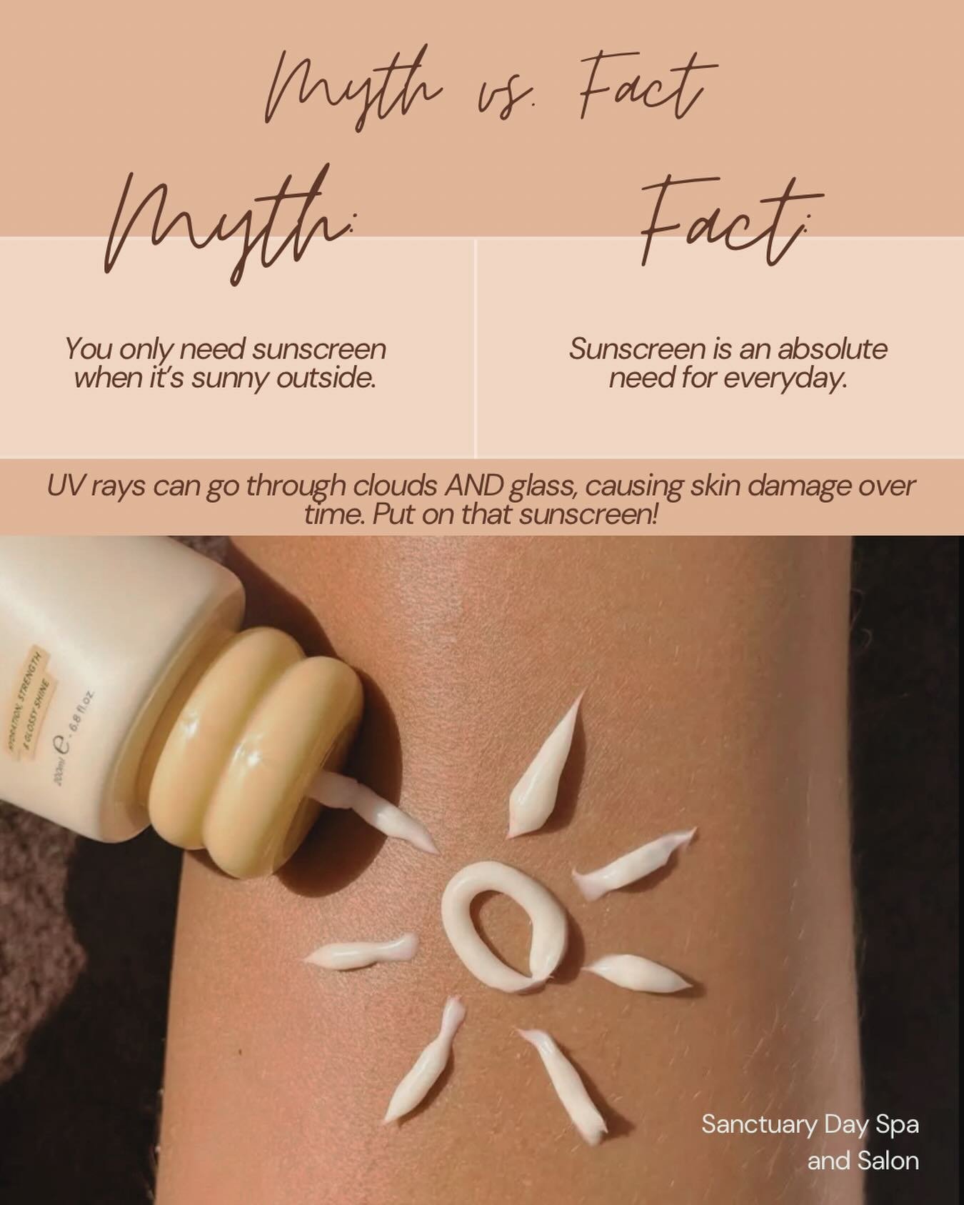 It&rsquo;s summertime! Which means it&rsquo;s time to go over one of the BIGGEST myths out there! 🔆

Sunscreen is an absolute essential for everyday life. Just because it&rsquo;s cloudy outside doesn&rsquo;t mean the sun isn&rsquo;t there! You shoul