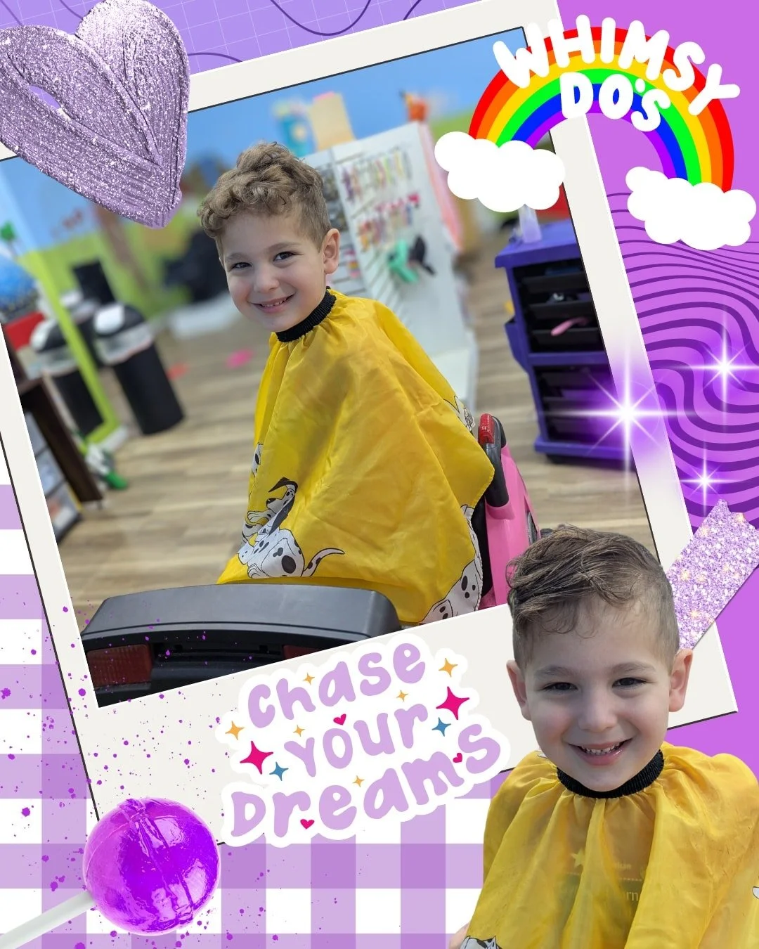 🌈 How do you do?
💜 Every great adventure starts with a fresh haircut! 
🚀 Keep chasing those dreams, kiddo — the sky’s the limit at Whimsy Do’s!
🗓️ Book your appointment at whimsydos.com