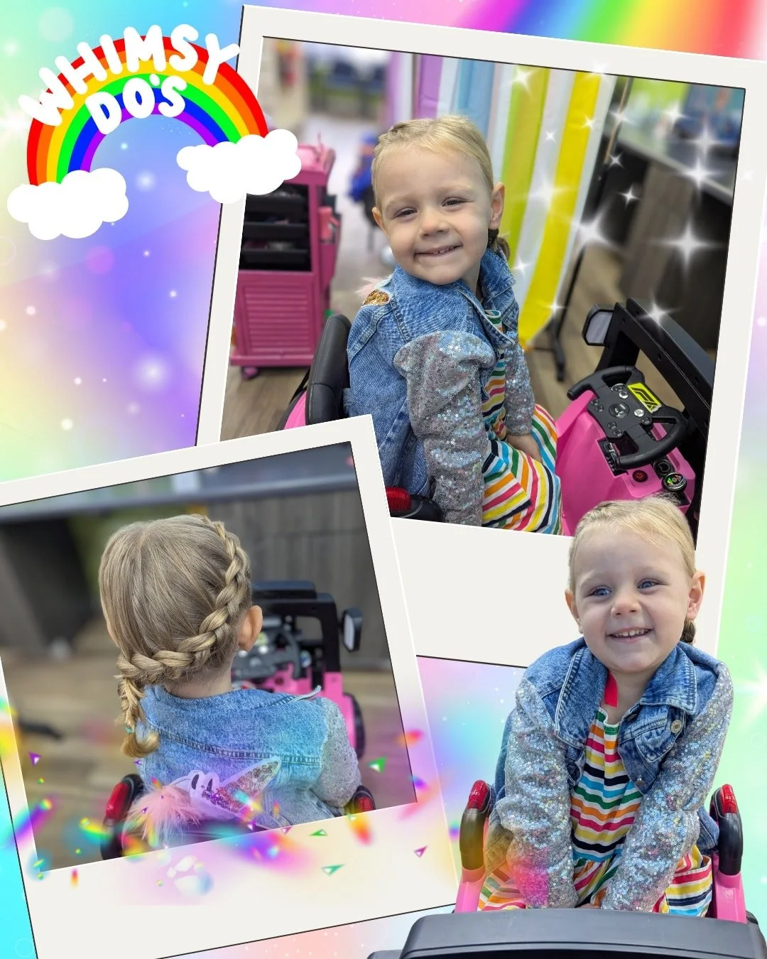 🌈 How do you do?
✨ Rainbows, sparkles, and smiles — that’s what Whimsy Do’s days are made of! 
💖 This little cutie lit up the salon with her sunshine personality!
🗓️ Book your appointment at whimsydos.com