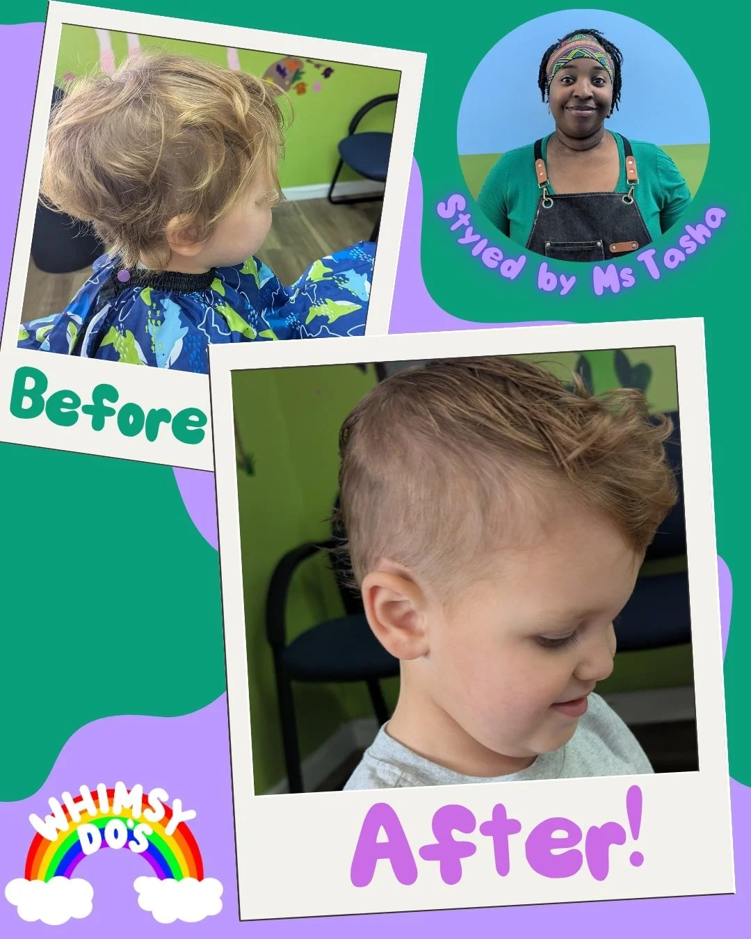 🌈 How do you do?
💫 Snips, smiles, and Whimsy Do’s style! 
💜This awesome cut was styled by our talented Ms. Tasha — she always brings the magic!
🗓️Book your appointment at whimsydos.com
 #WhimsyDos #KidsHaircuts #nwindiana #StyledB
