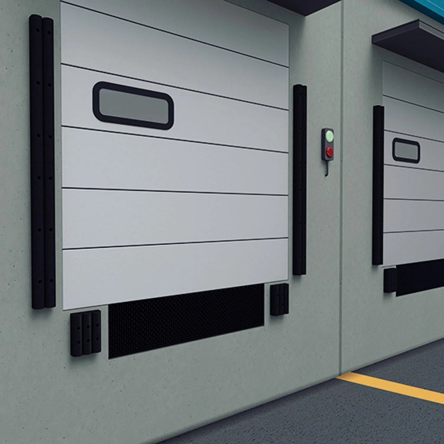 Rubber dock bumpers on a loading bay wall