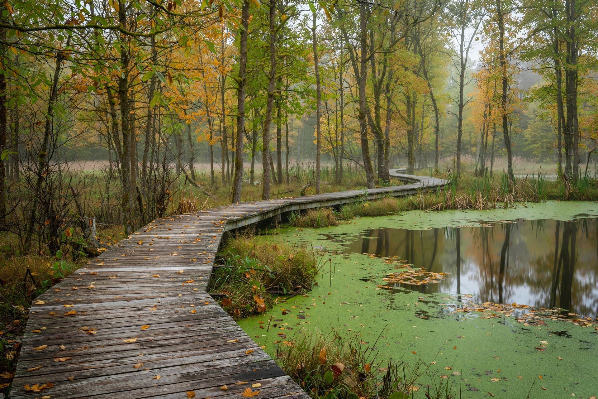 A wooden boardwalk through early-autumn woods at a Fox Cities wetland reserve