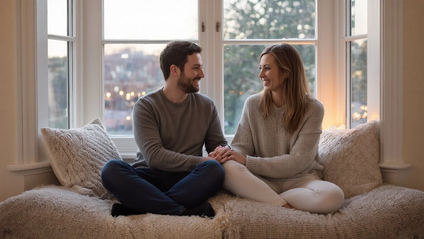 A couple sitting together by a bright window at home, talking and holding hands