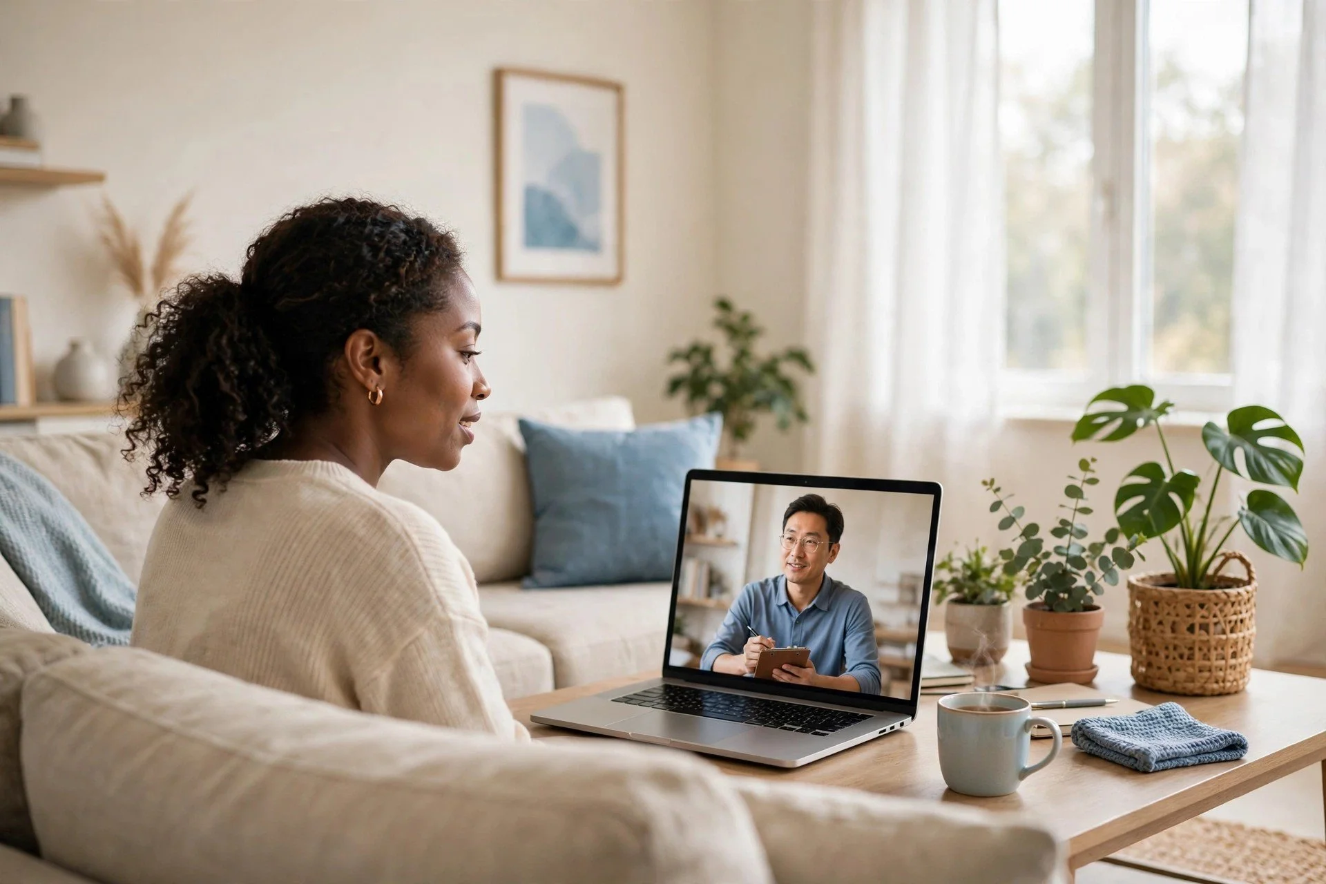 A woman at home on a video call with her counselor