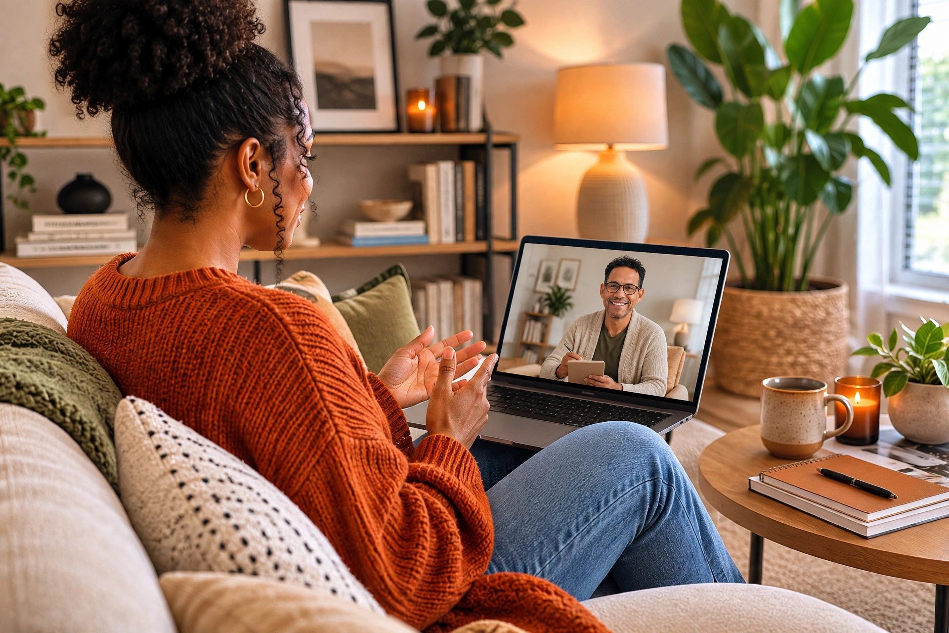 A client relaxing on her couch at home during a video therapy session, talking with her counselor, who smiles warmly from the laptop screen