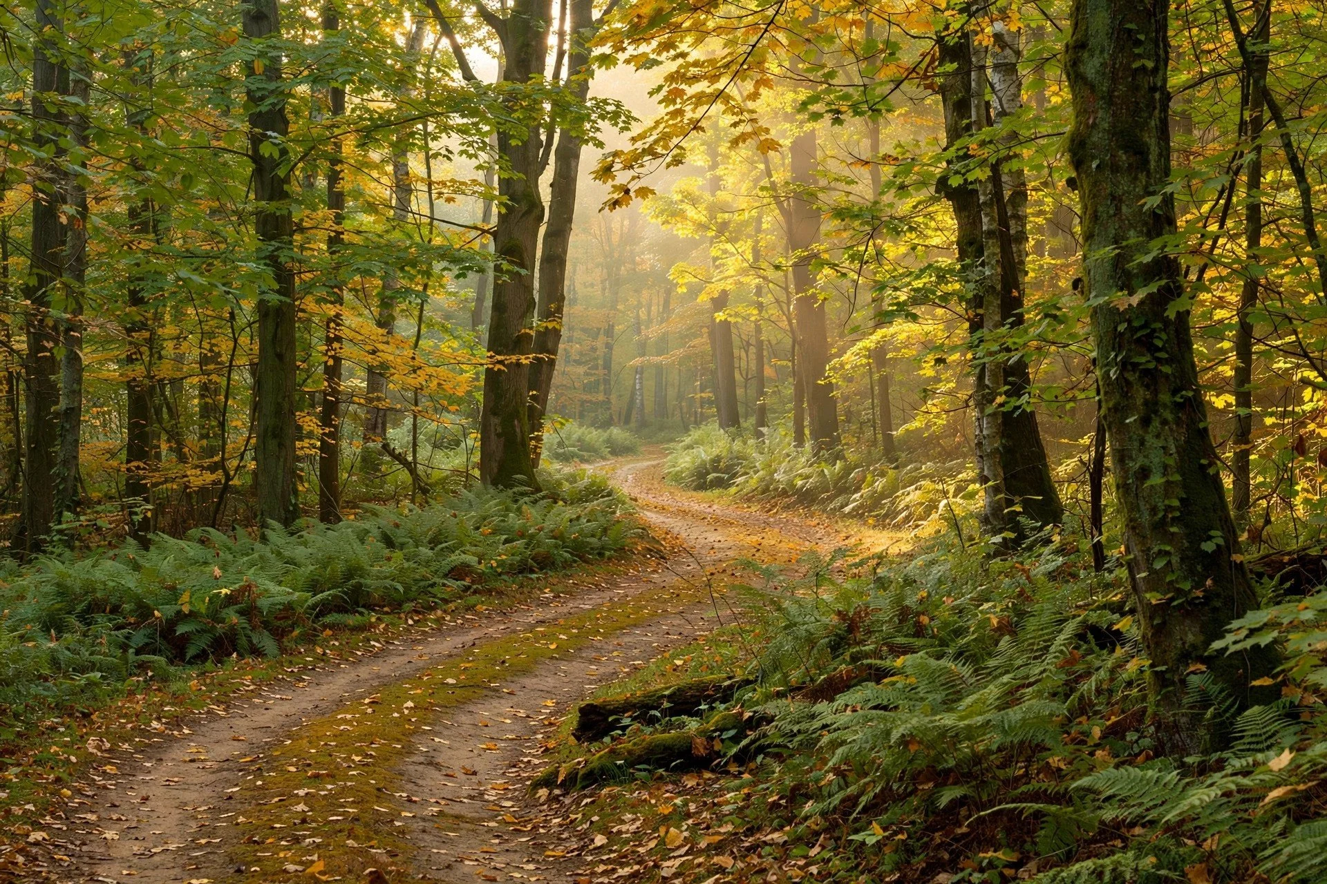 A soft dirt path winding through tall Wisconsin woodland in early-autumn light