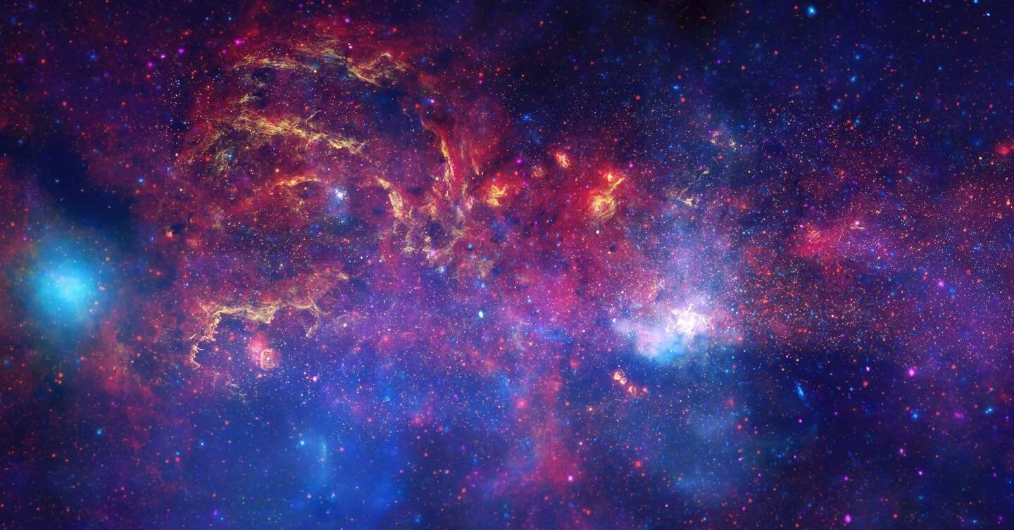 Unprecedented image of the central region of our Milky Way Galaxy taken by three telescopes. 2009. 

Source: hubblesite.org
