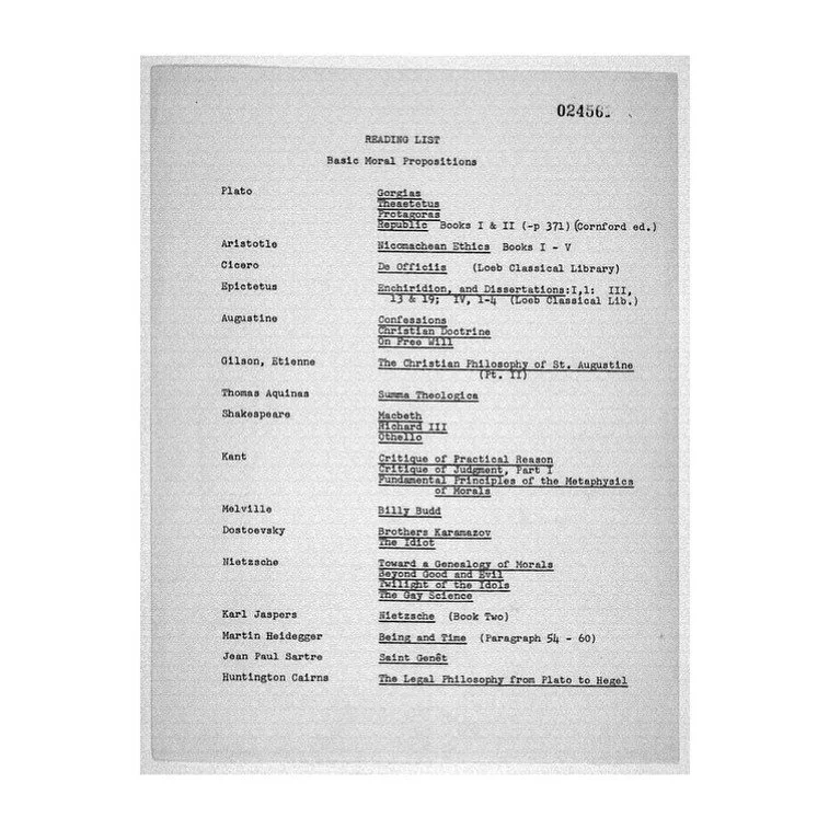 Hannah Arendt&rsquo;s reading list from her Basic Moral Propositions course. Featuring authors like Plato, Shakespeare, and Dostoevsky. 1966. 

Arendt was one of the 20th century&rsquo;s most influential political theorists. Her work on action theory