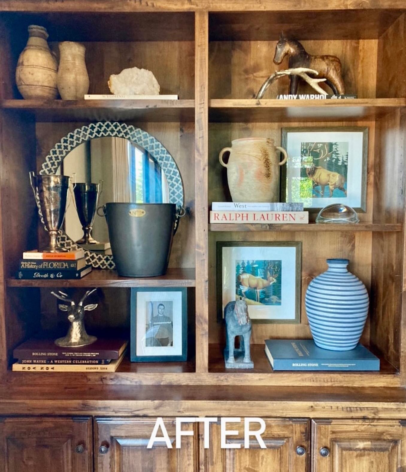 AFTER/BEFORE &mdash;swipe Right➡️
We had so much fun collecting items for our client to re-do some shelves in their gorgeous greatroom.  #interiors #design #vintage #mountaindandy #jhbooktrader #locallove #etsy