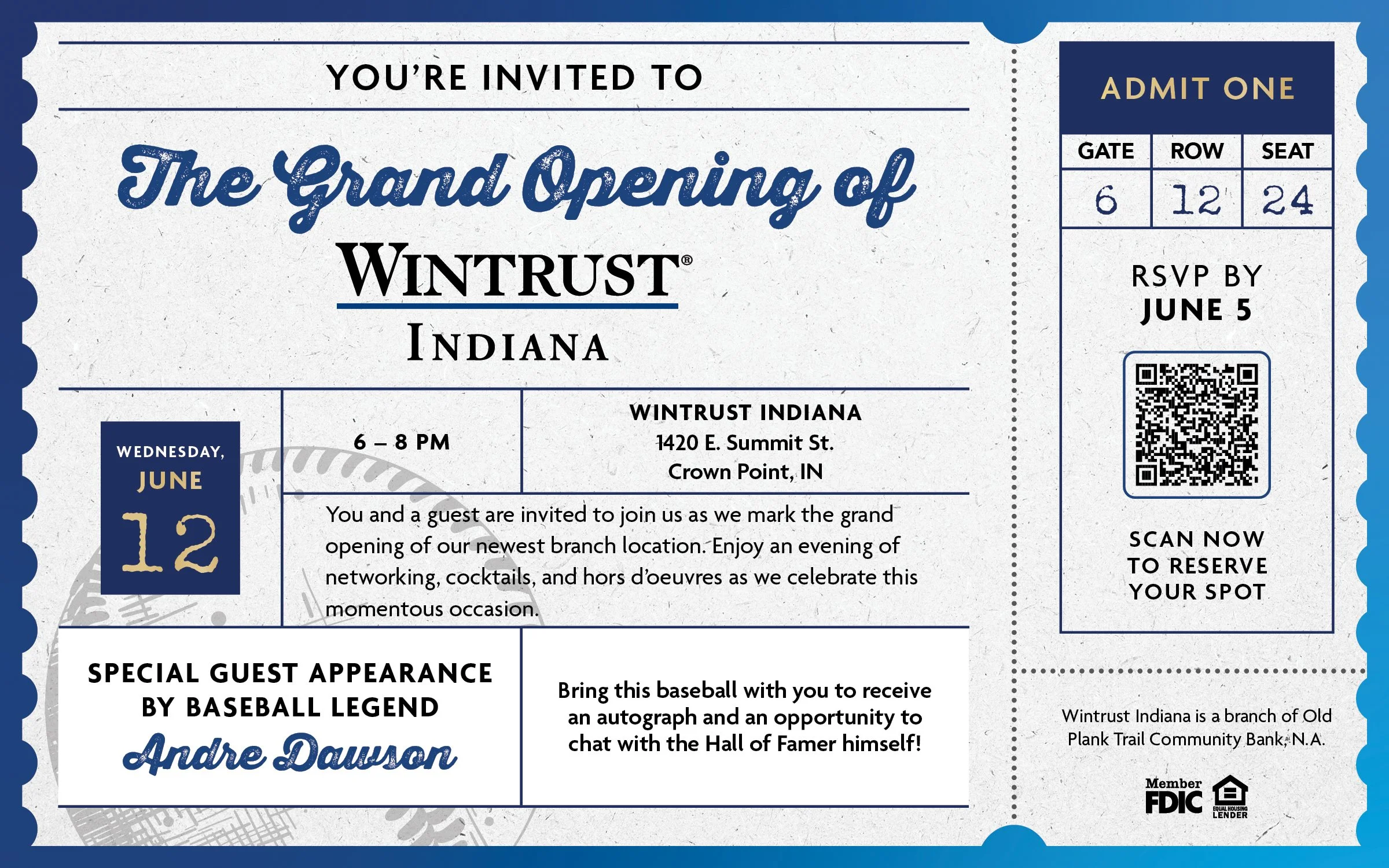 Wintrust Indiana's grand opening invitation