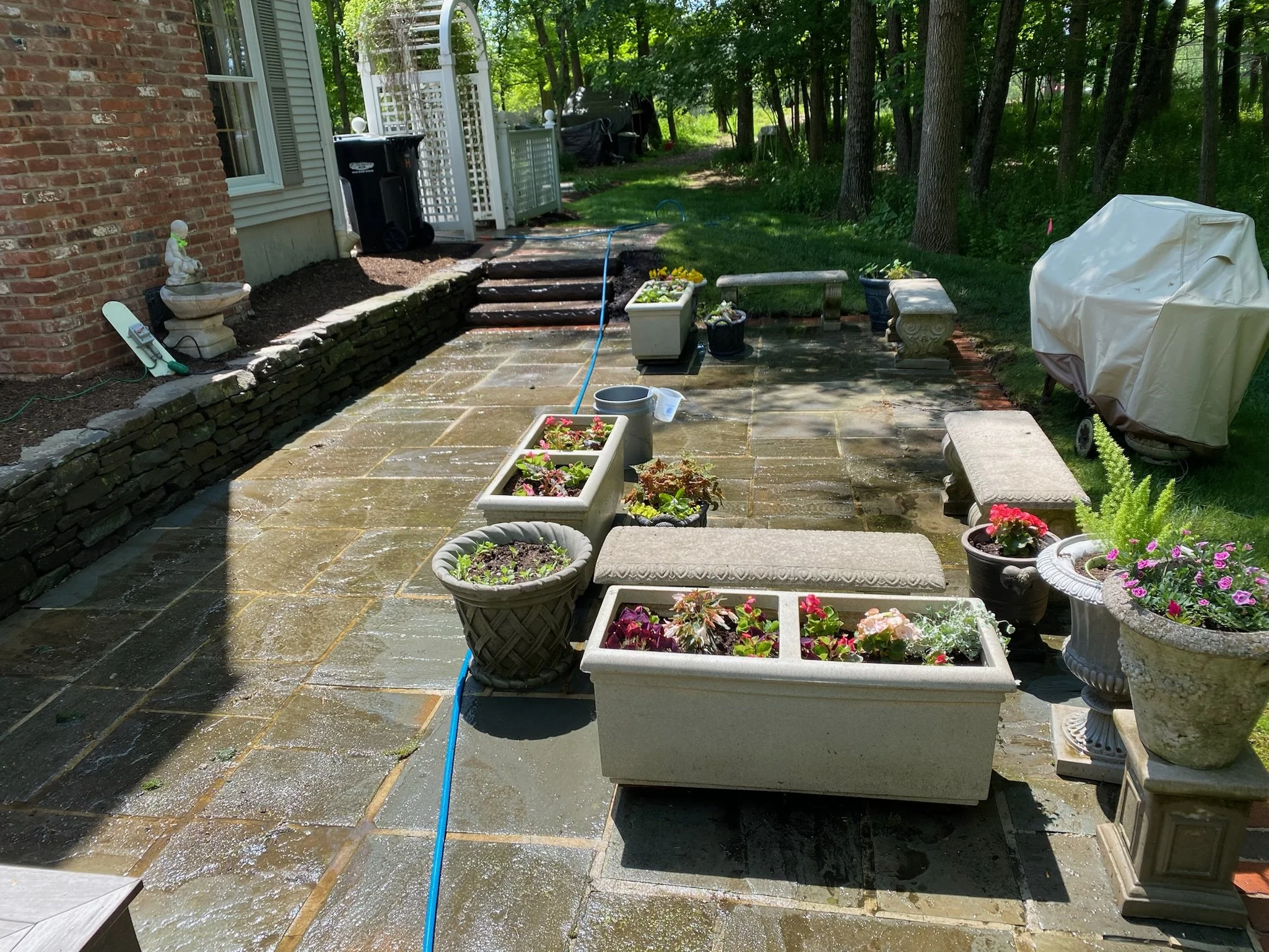 Sunlit backyard patio with potted plants and flower arrangements, a covered grill, a water hose, and a brick house on the left side.