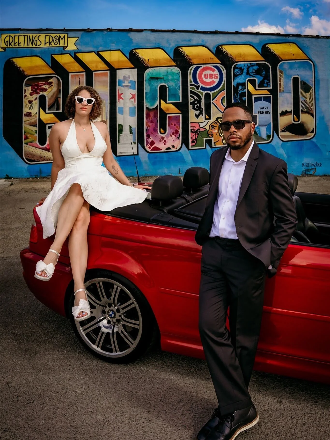Date night Chicago-style: street art, red convertibles, and pinball battles both claim to win. 🏆 
.
.
.
.
.
#ChicagoLove #ChicagoWeddings #ChicagoCouples #ChicagoEngagement #ChicagoPhotographer #GreetingsFromChicago #EditorialWedding #BoldAndVibrant