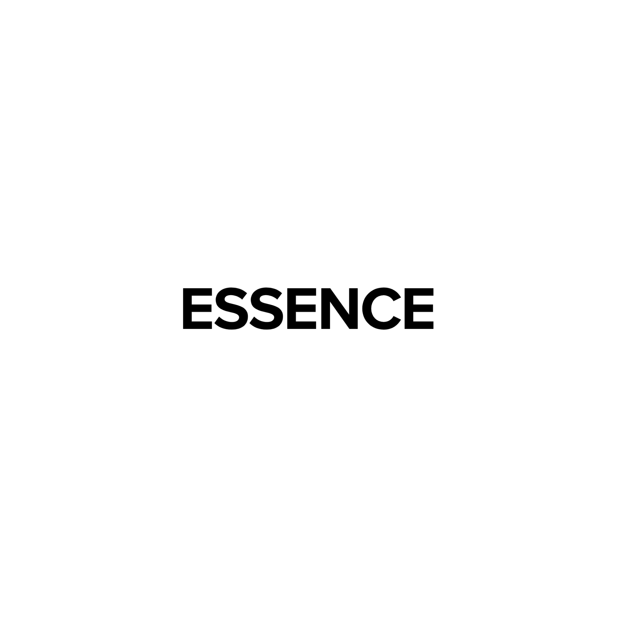 Black circular design with the word 'ESSENCE' in bold black letters on a white rectangle in the center.