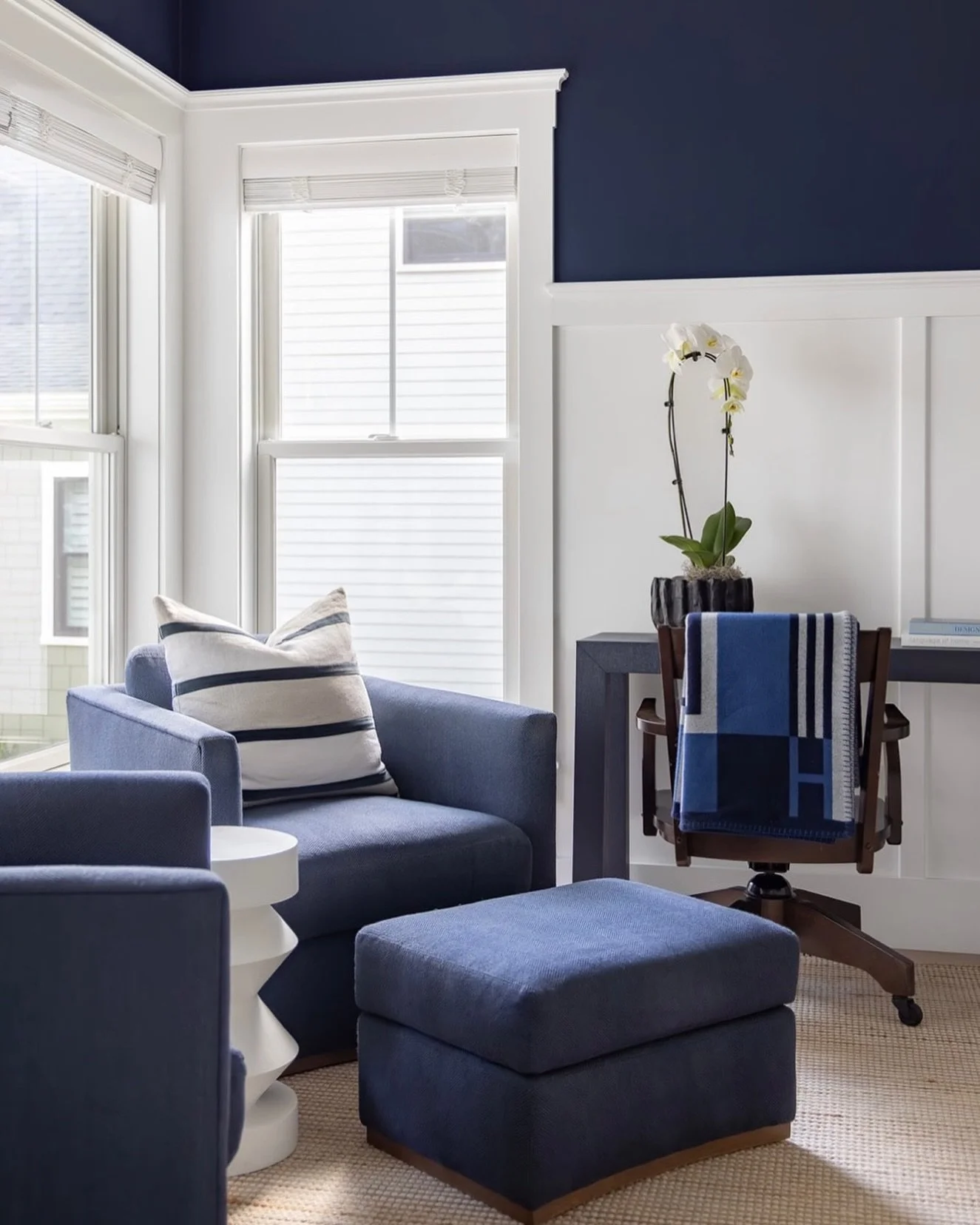 Classic blue and white.