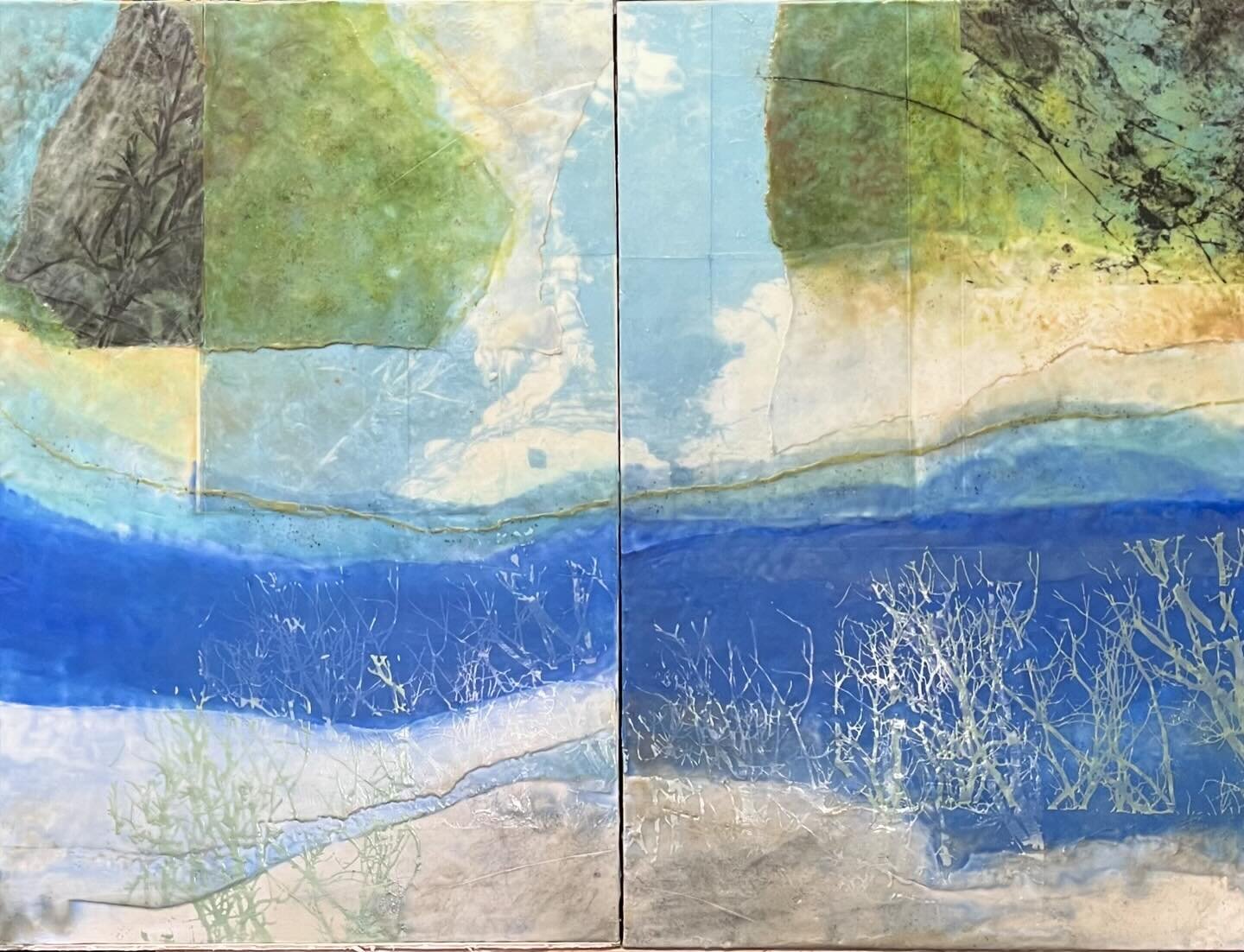 New painting and a detail . Working title: Water&rsquo;s Edge Revisited. 36 x 48 in. On two panels, probably display about an inch apart. Encaustic with inkjet print and silkscreen. I&rsquo;m drawn to the Water&rsquo;s Edge again, maybe contemplating