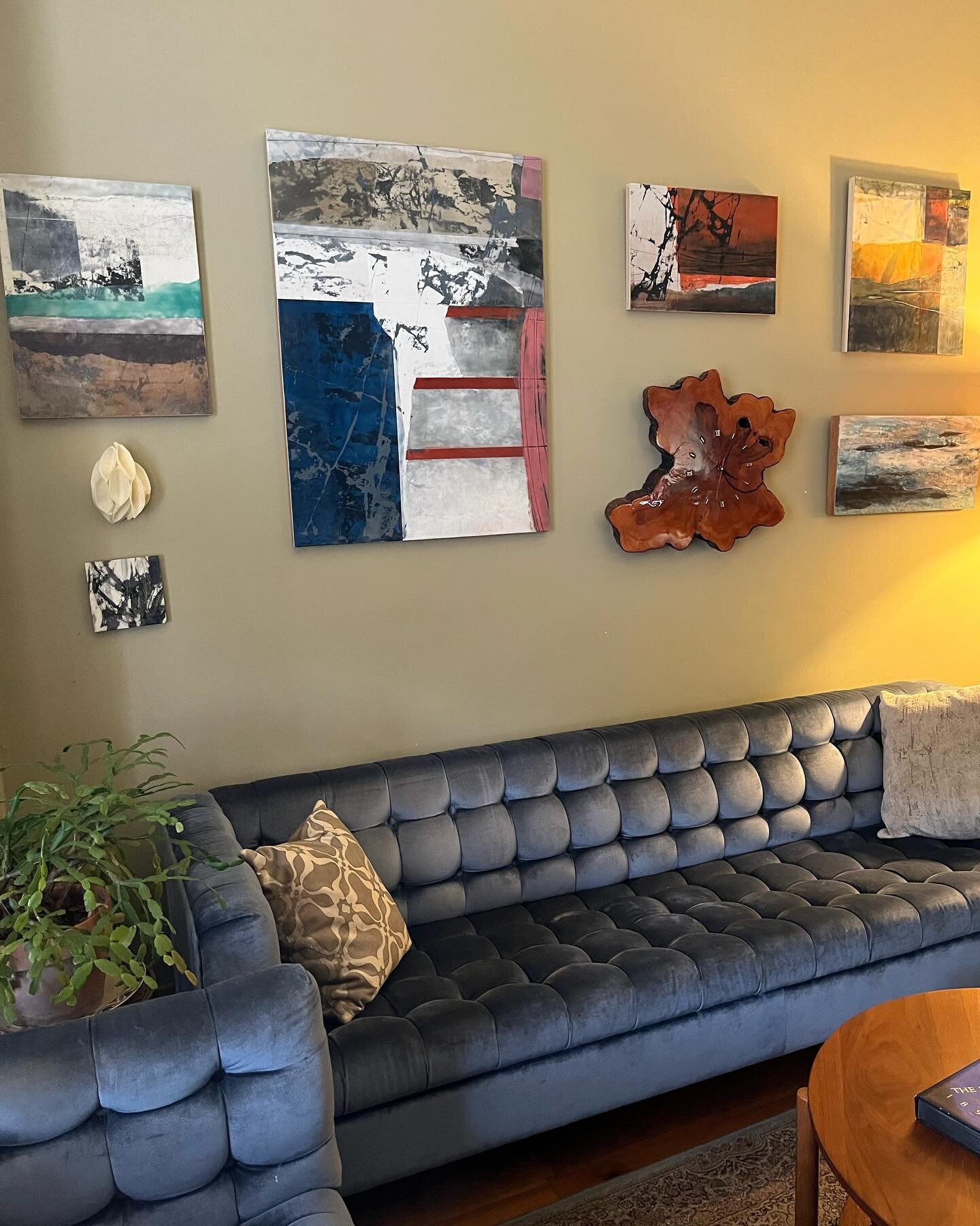 Updated my home gallery wall to replace the work going to Alma Art and Interiors. How fortunate to be able to live with these works . Most are mine with the exceptions of lower right corner, which is a piece byLeslie Sobel, the small encaustic sculpt