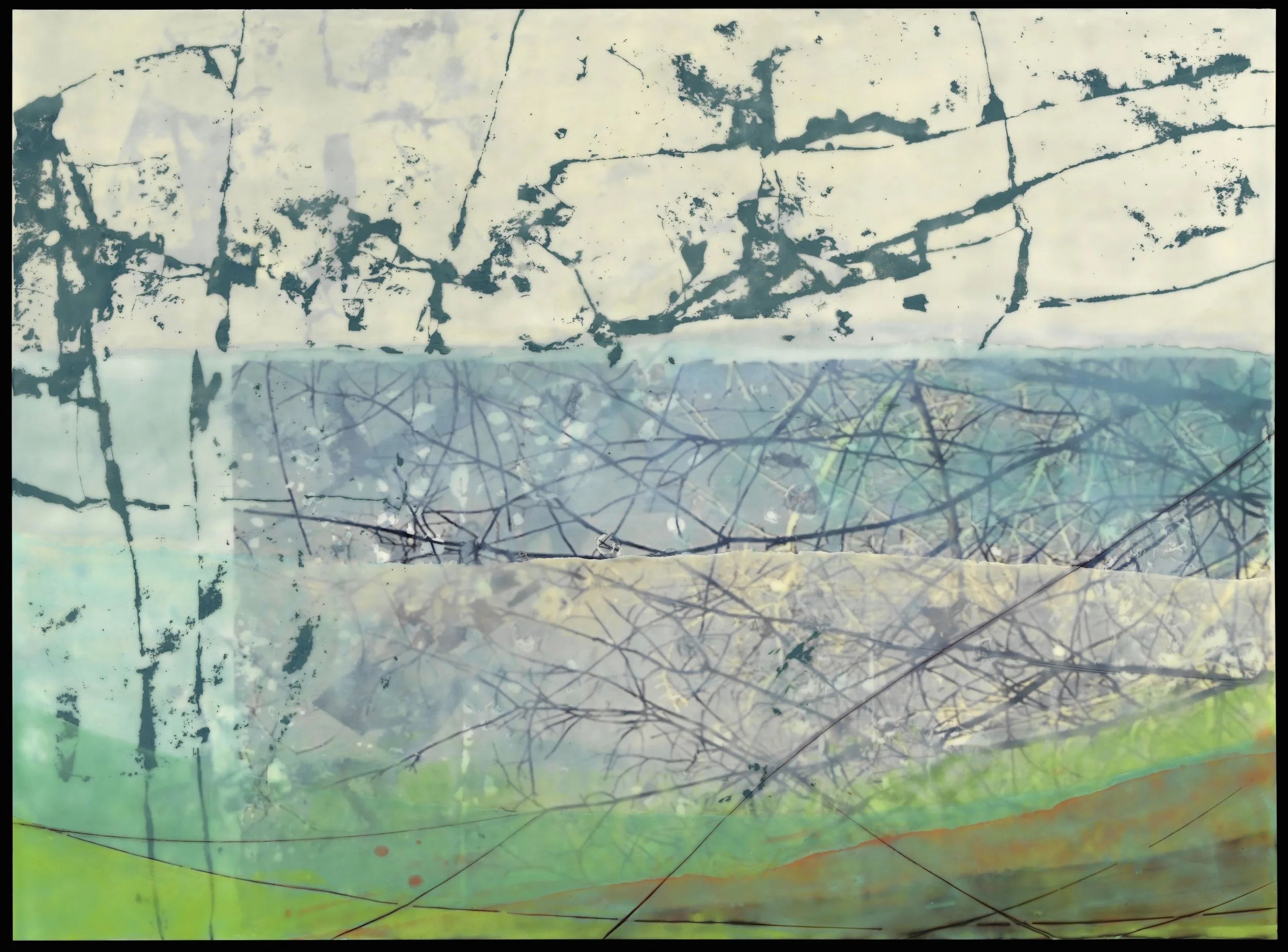 "Strata" encaustic on panel, photo transfer, silk screen, 30 x 40 x 1.5 in.