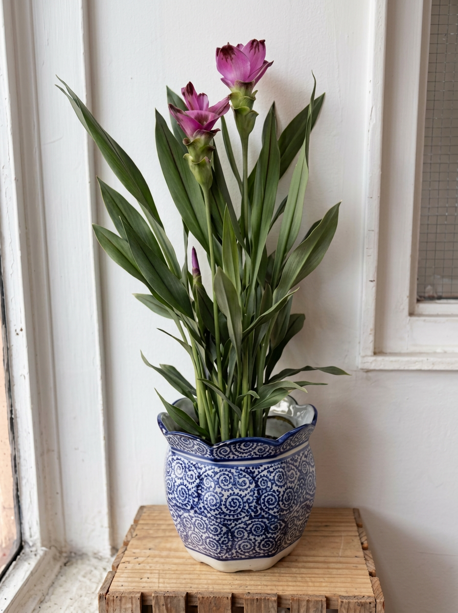 Curcuma Plant in Blue & White Ceramic Pot