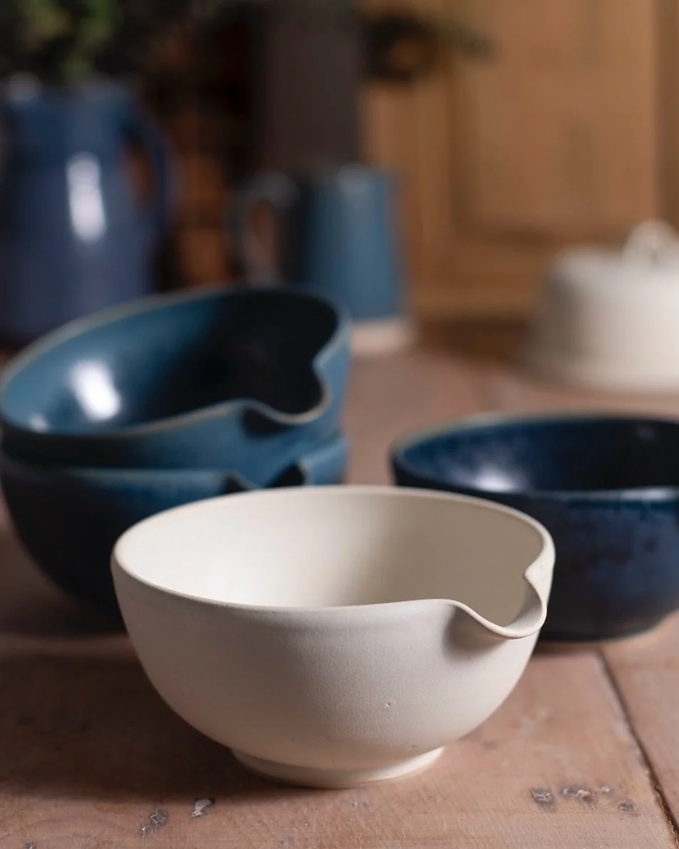Some of my favourite pieces out the kiln&hellip; the versatile pouring bowl, perfect for so many things. I made a delicious hummus for lunch today and served it up in one with the spoon resting on the lip. And this morning I whisked my eggs in one fo