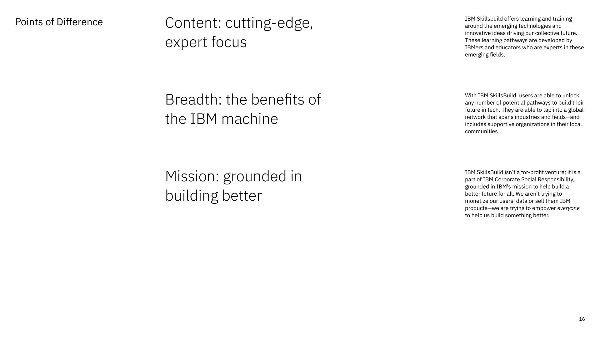Proposed differentiators for the new brand.