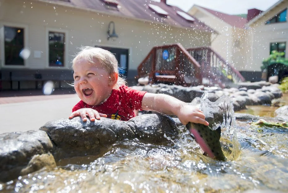 A young child playing and splashing in a small outdoor pond or water feature with rocks, near a house with a deck and stairs in the background.
