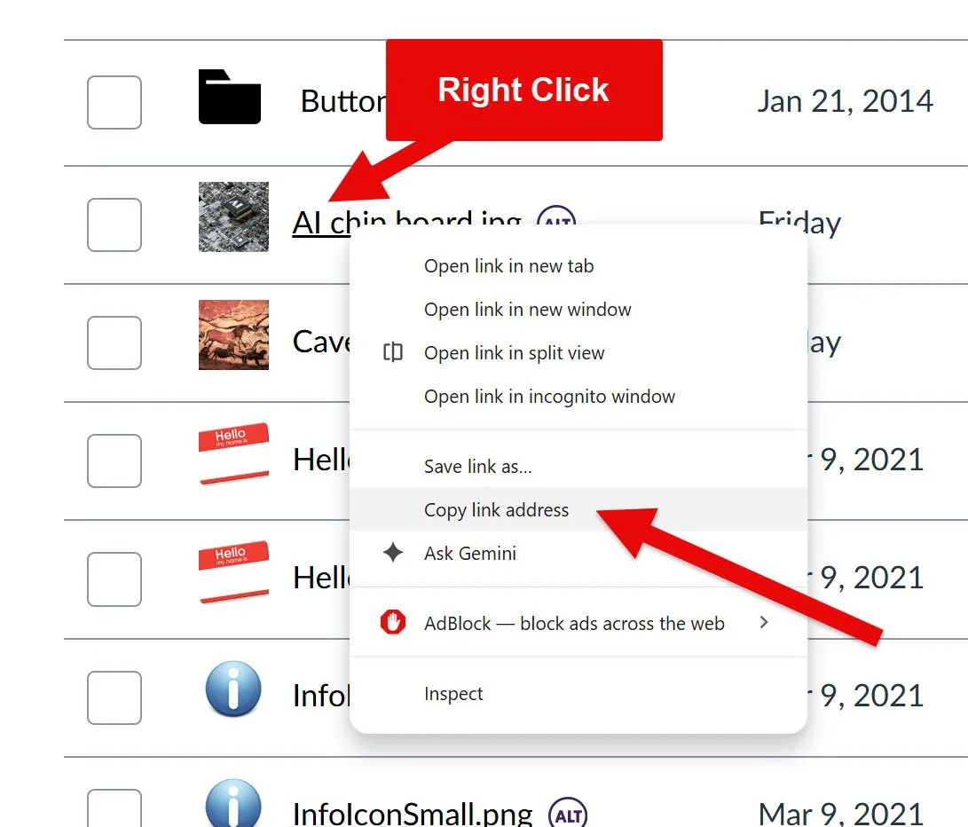 File menu screen showing instructions to right click on the picture and copy the link address