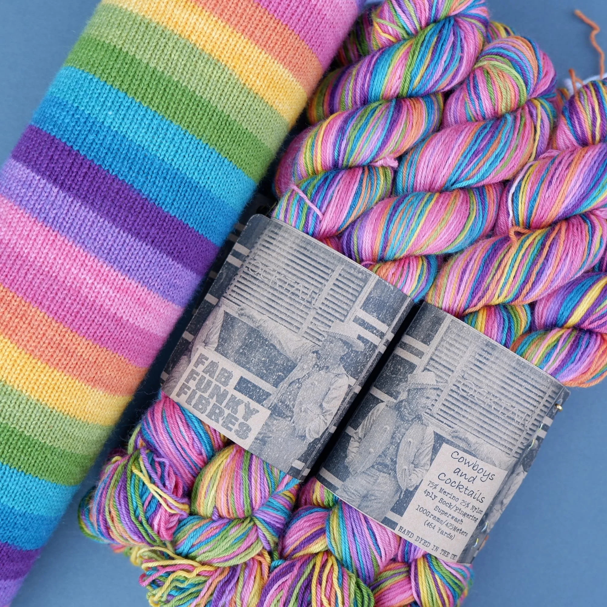 Self-striping sock yarn.Hand-dyed in 10 earthy wide striped rainbow colours.
