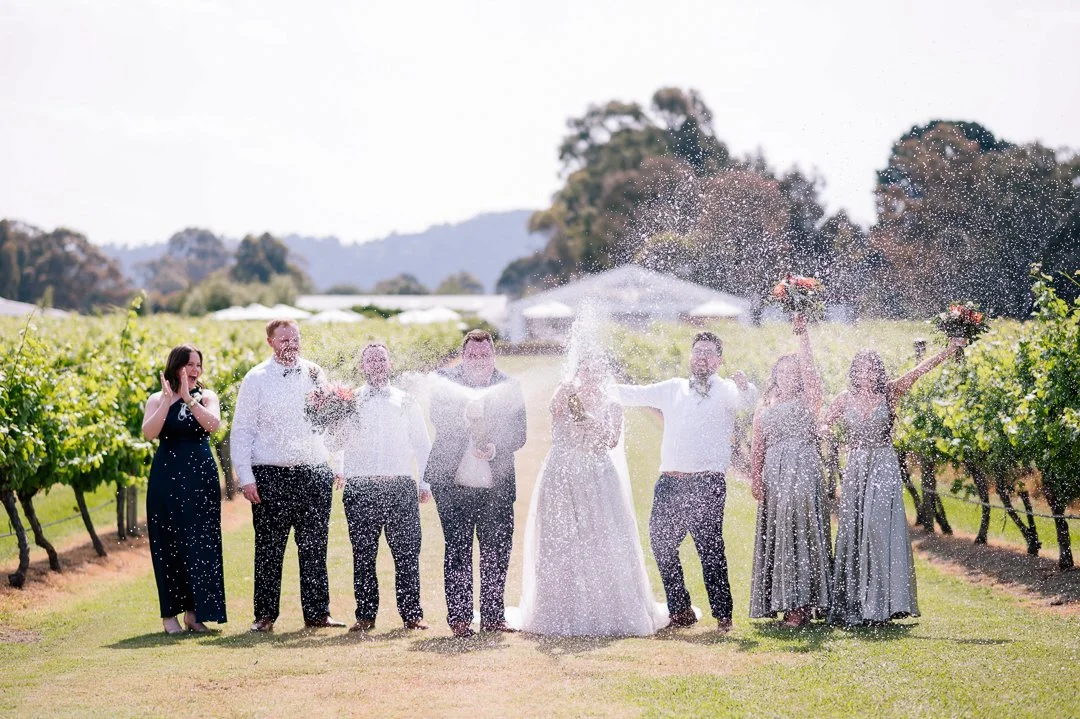 A wedding party standing in a vineyard with trees and mountains in the background, celebrating with a splash of water as the bride and groom are in the center, surrounded by friends and family.
