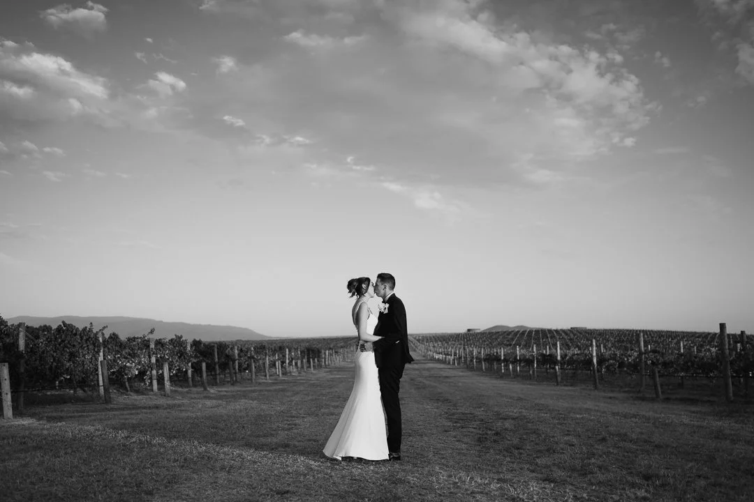 A black and white photo of a bride and groom standing closely in a vineyard, kissing. The landscape features rows of grapevines and a sky with scattered clouds in the background.