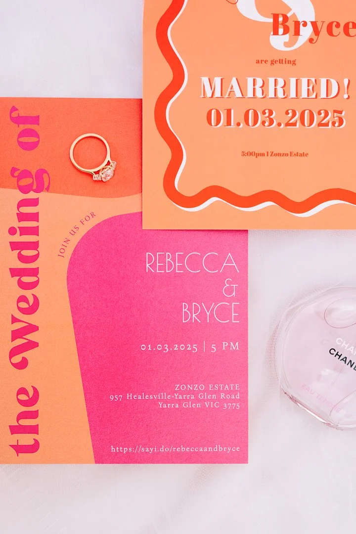 Wedding invitation and engagement ring for Rebecca and Bryce, with details of their wedding on March 1, 2025 at Zonzo Estate, and engagement party on the same date at 5 PM at the same location. The invitation features pink and orange colors, and ther